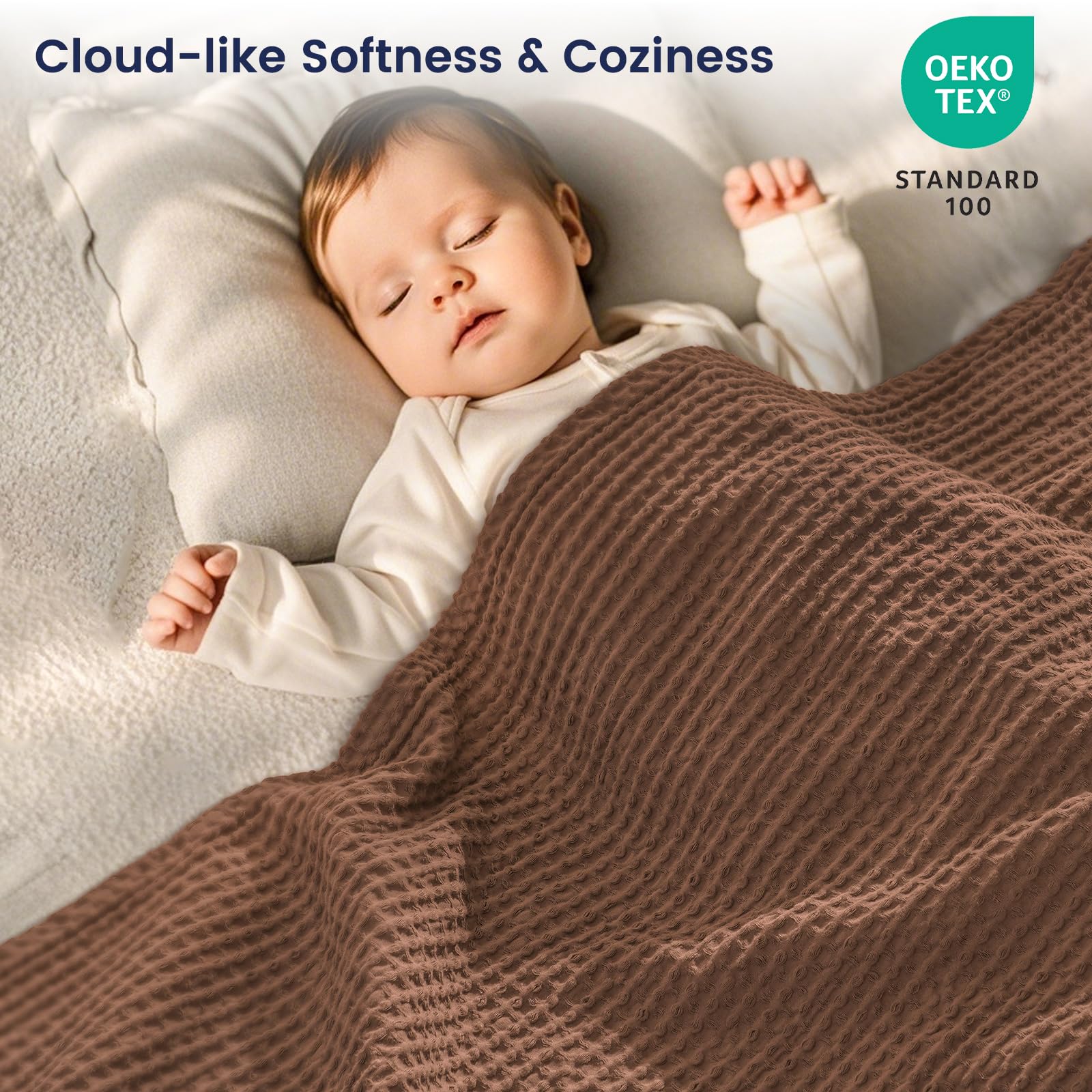 Phf 100% Cotton Waffle Weave Blanket King Size 104' X 90' - Lightweight Cozy Washed Soft Breathable Throw - Perfect Layer For Couch Bed Sofa - Elegant Aesthetic Home Decoration Gift - Cappuccino