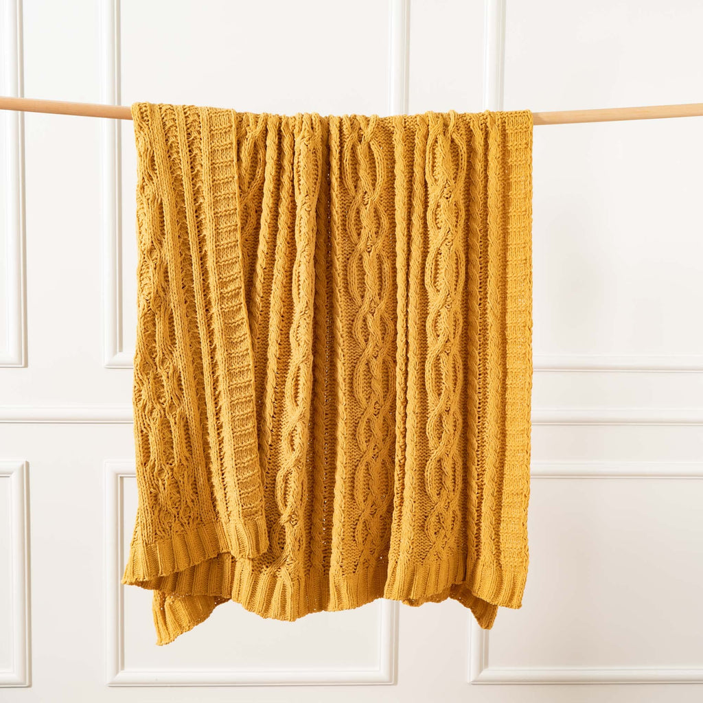 Battilo Mustard Yellow Throw Blanket For Couch, Sofa, 51''X67'', Cable Knit Throw Blanket, Woven Chenille Throw Blankets For Bed