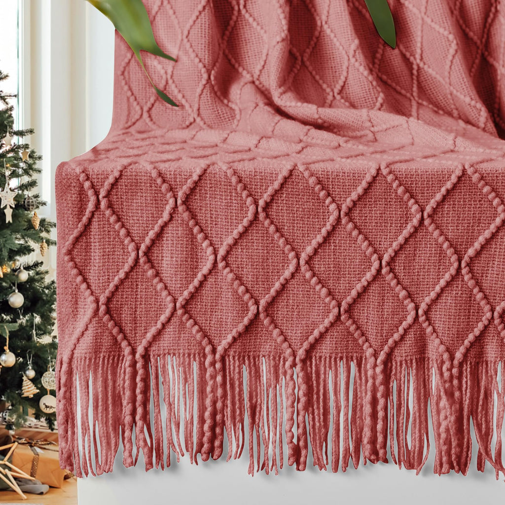 Inhand Knitted Throw Blankets For Couch And Bed, Soft Cozy Knit Blanket With Tassel, Coral Pink Lightweight Decorative Blankets