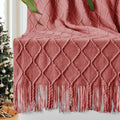 Inhand Knitted Throw Blankets For Couch And Bed, Soft Cozy Knit Blanket With Tassel, Coral Pink Lightweight Decorative Blankets