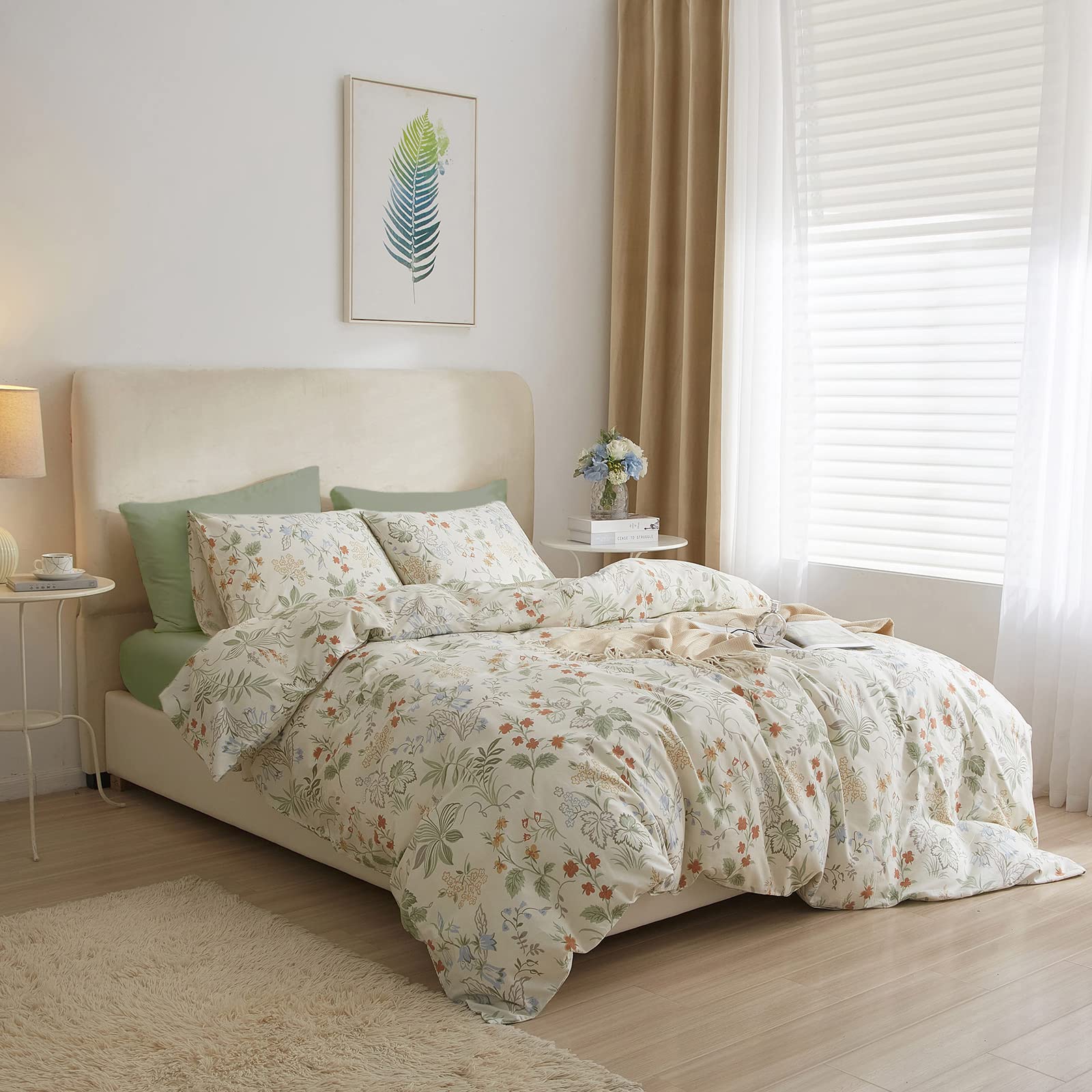 Mixinni Floral Duvet Covers Full Size Botanical Flower Leaf Printed On White Bedding Duvet Cover Set With Zipper Closure Ties Fo