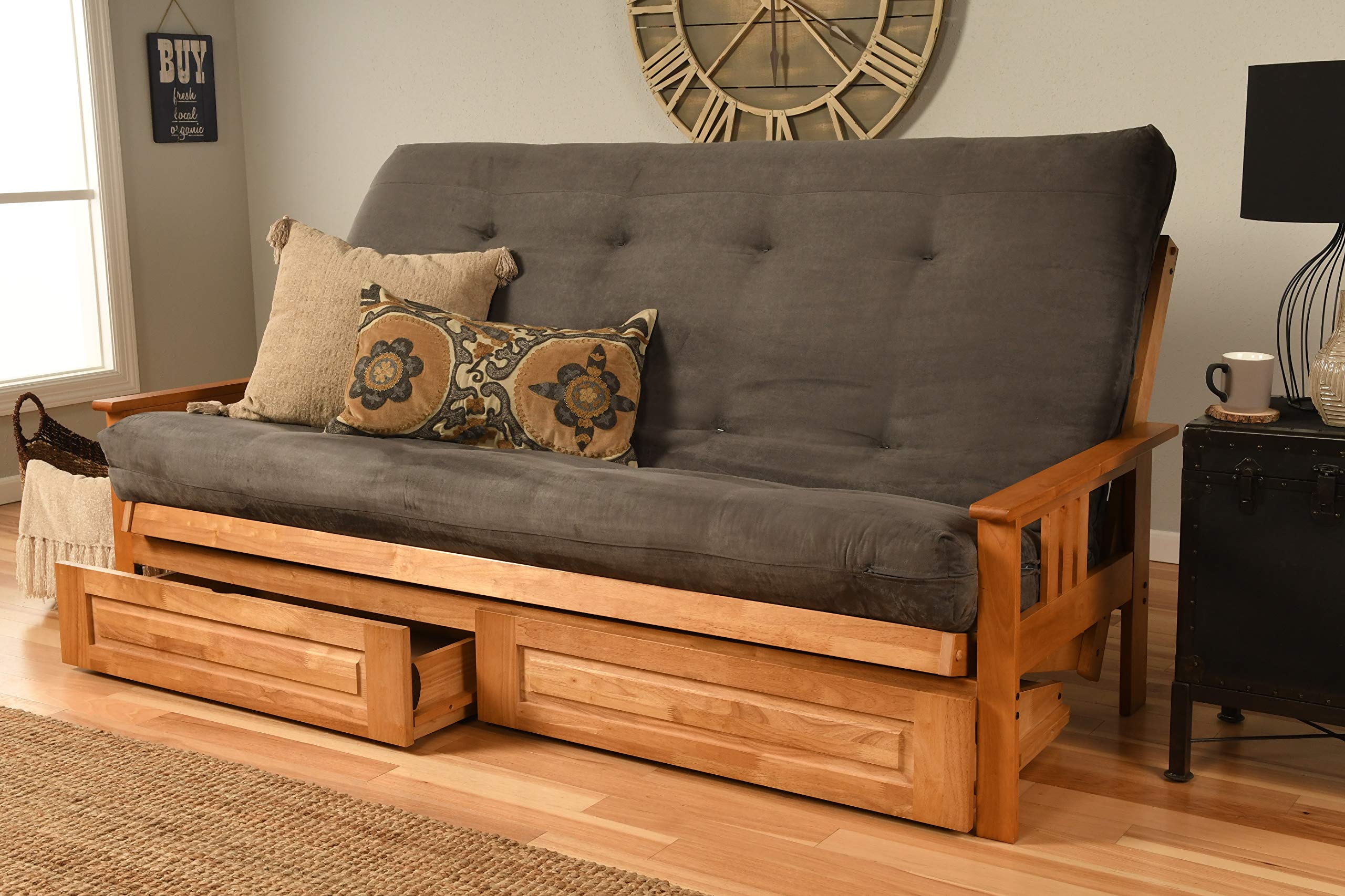 Kodiak Furniture Monterey Queen-Size Futon, Storage Drawers, Butternut Finish With Suede Gray Mattress