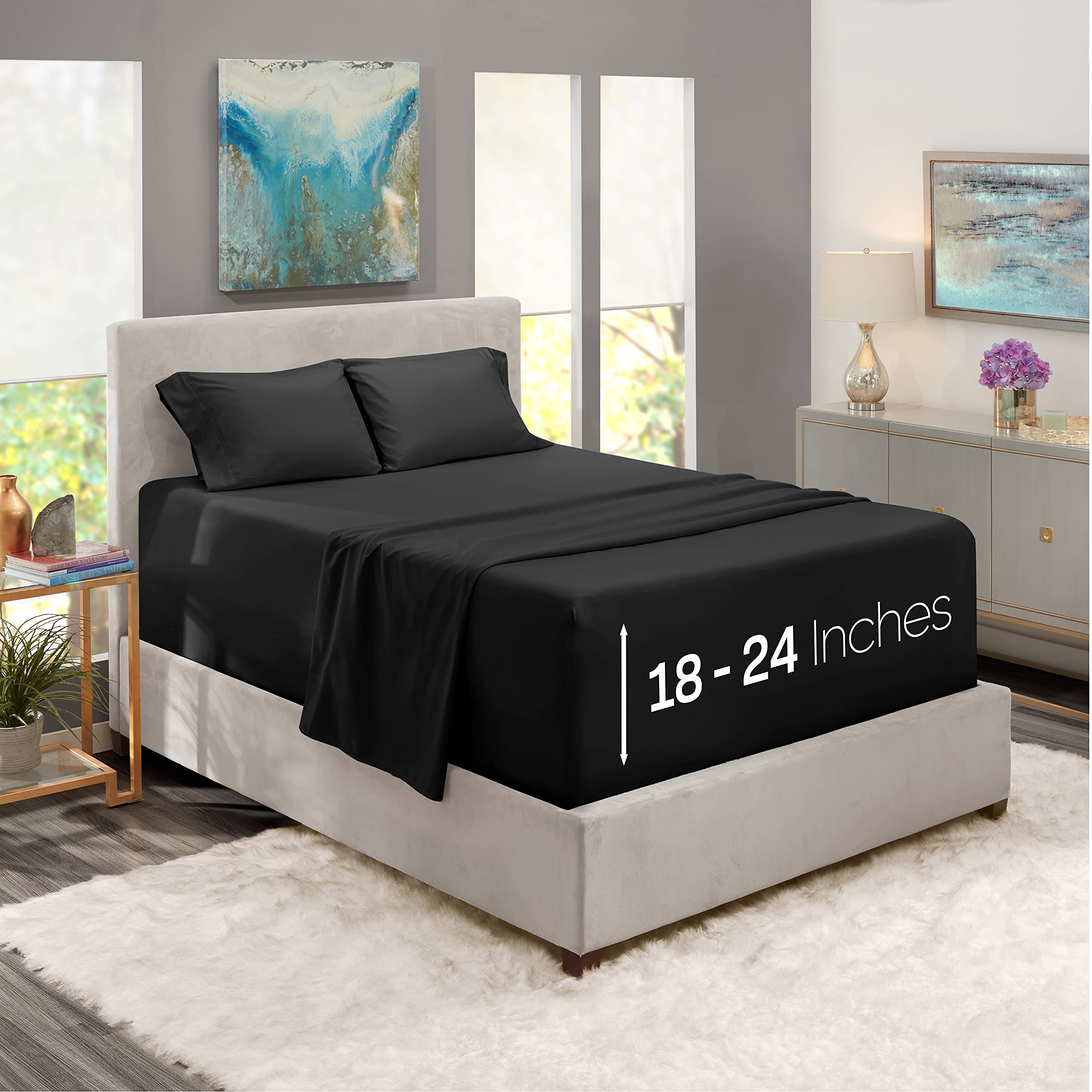 Extra Deep Pocket Fitted Sheet - Super Deep California King Fitted 4 Piece Sheet Set - Ultra Deep Pocket Sheets - Extra Deep Microfiber Sheets - Deep Bed Sheets - 84 X 72 Inches - Black