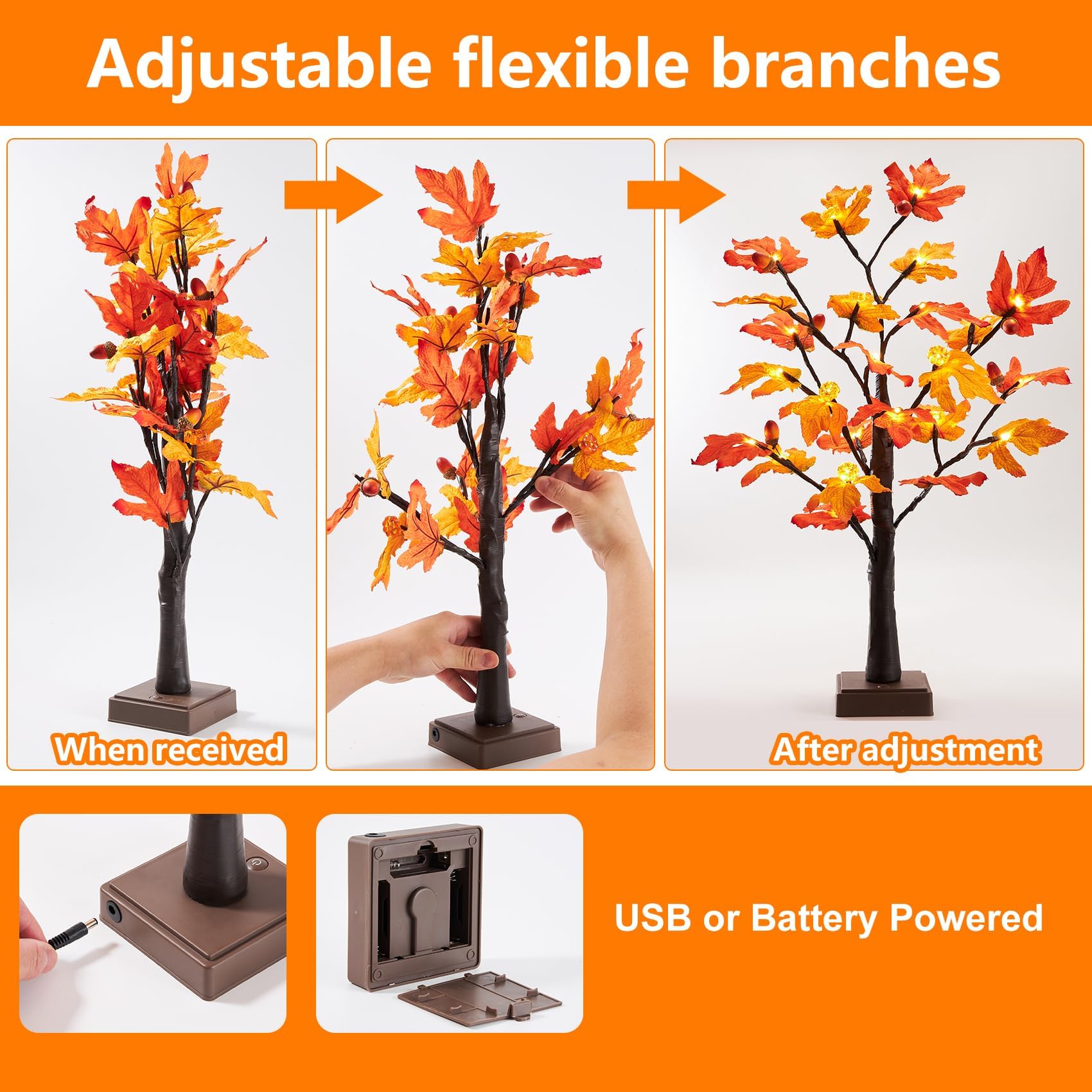 [ 2 Pack & Timer ] Beterzack 24 Inch Artificial Fall Lighted Maple Tree Decor, Total 48 Led Battery/Usb Operated Pumpkins Acorns