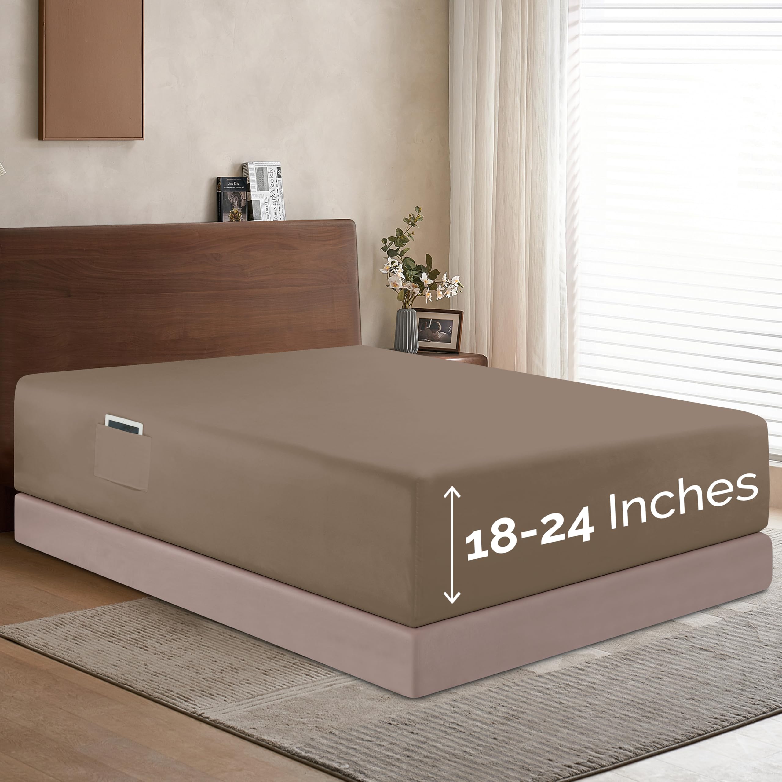 Elegant Comfort 1500 Premium Hotel Quality 18-24 Inches Deep - Extra Deep Pocket Single Fitted Sheet For High Mattress, Luxury And Softest, Smart Pocket - Wrinkle Free, Full, Taupe