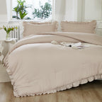 Litanika King Comforter Set Khaki, 3 Pieces Ruffle Farmhouse Aesthetic Bedding Comforter Set, Lightweight Fluffy Microfiber Bed