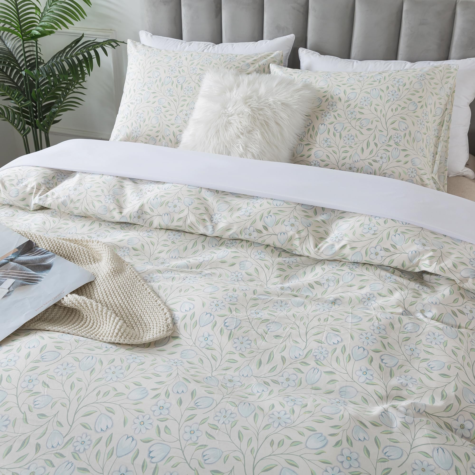 Honeilife Floral Duvet Cover King - 100% Cotton Comforter Cover, Soft & Breathable Bedding Duvet Cover Sets With Zipper Closure