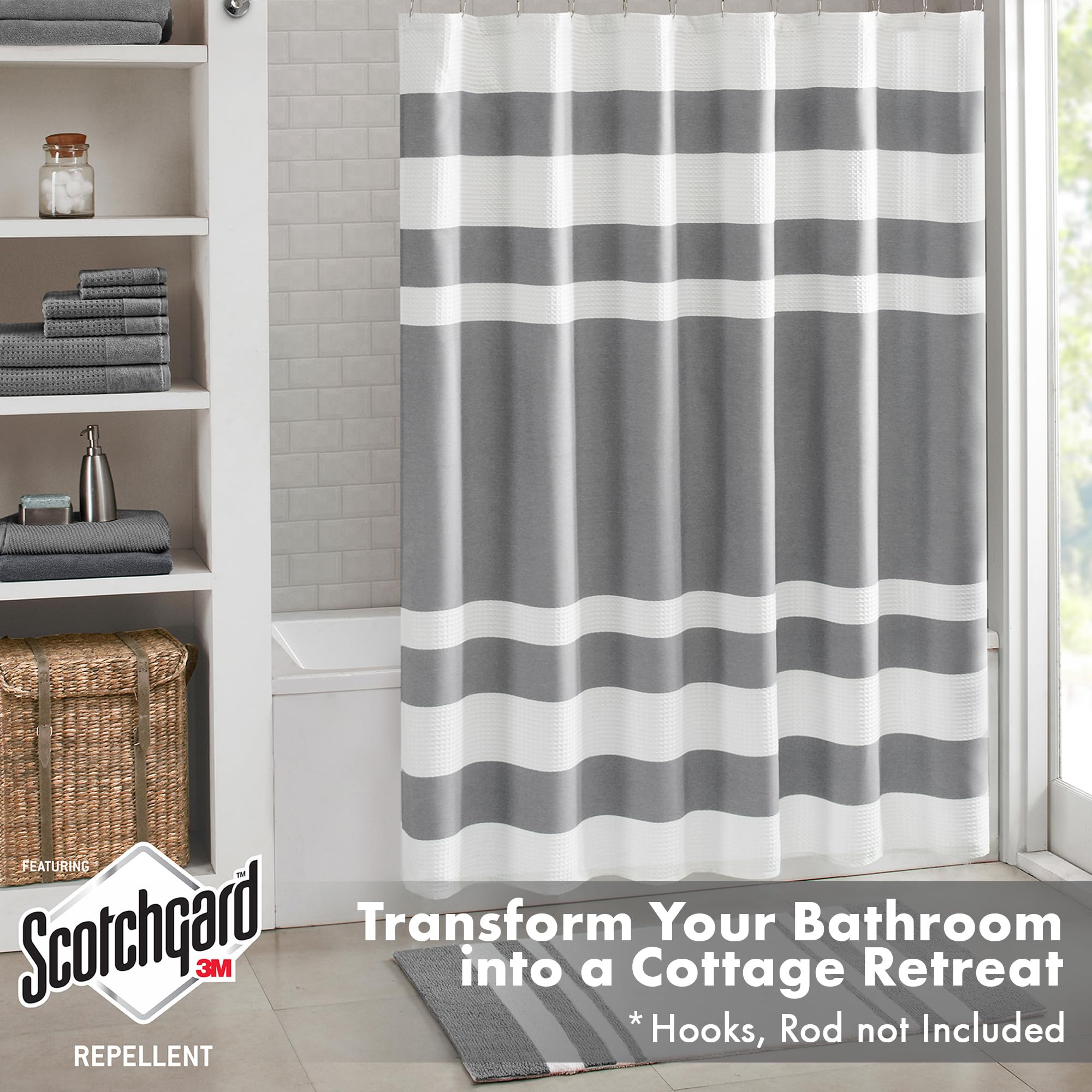Madison Park Spa Waffle Shower Curtain Pieced Fabric Extra Long Premium Spa Quality Modern Shower Curtains For Bathroom, Tall 72X84, Charcoal