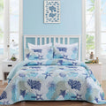 Dinjoy Coastal Quilt Set Twin Size, Blue Ocean Beach Themed Bedding Set Coral Seashell Conch Starfish Pattern Microfiber Lightwe