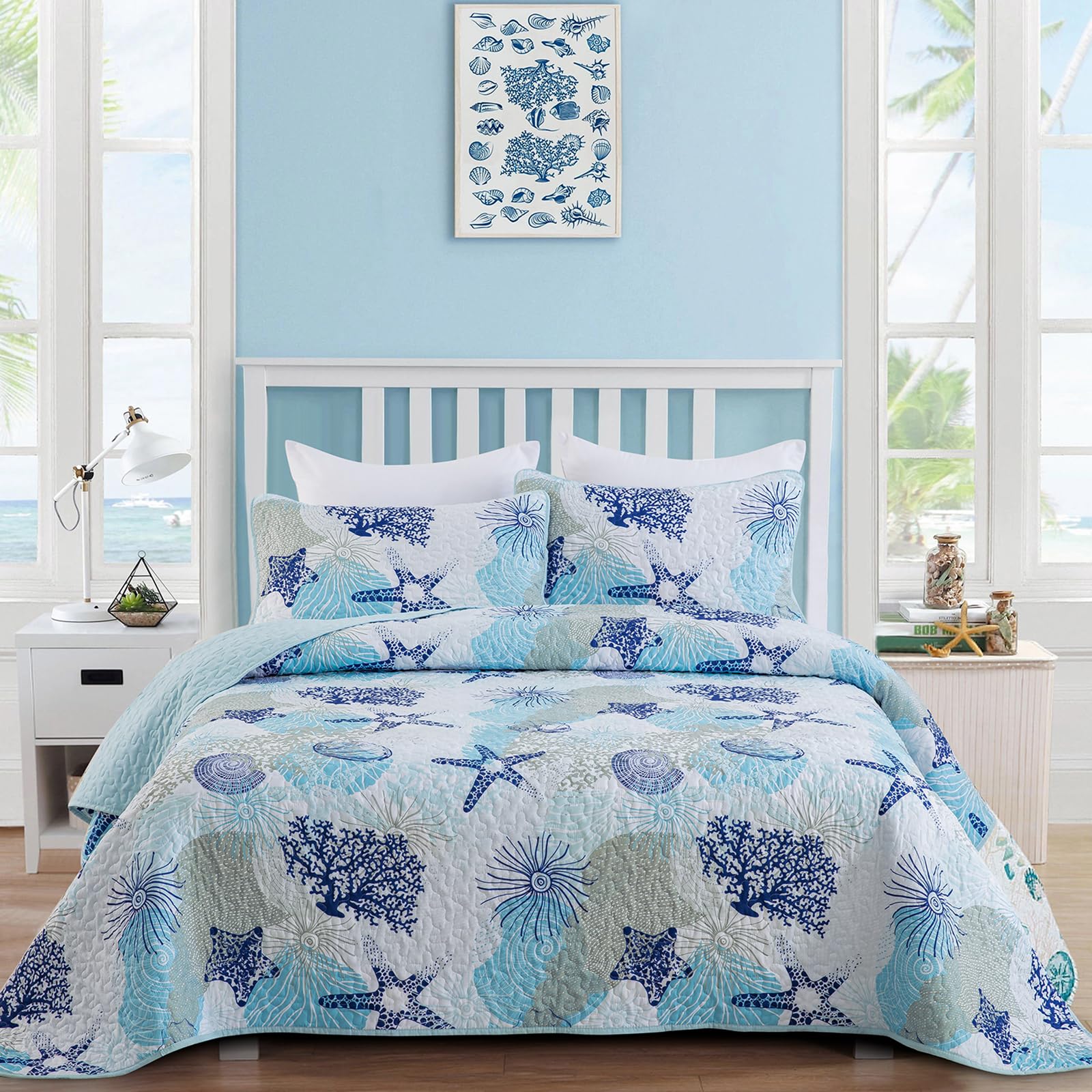 Dinjoy Coastal Quilt Set Twin Size, Blue Ocean Beach Themed Bedding Set Coral Seashell Conch Starfish Pattern Microfiber Lightwe