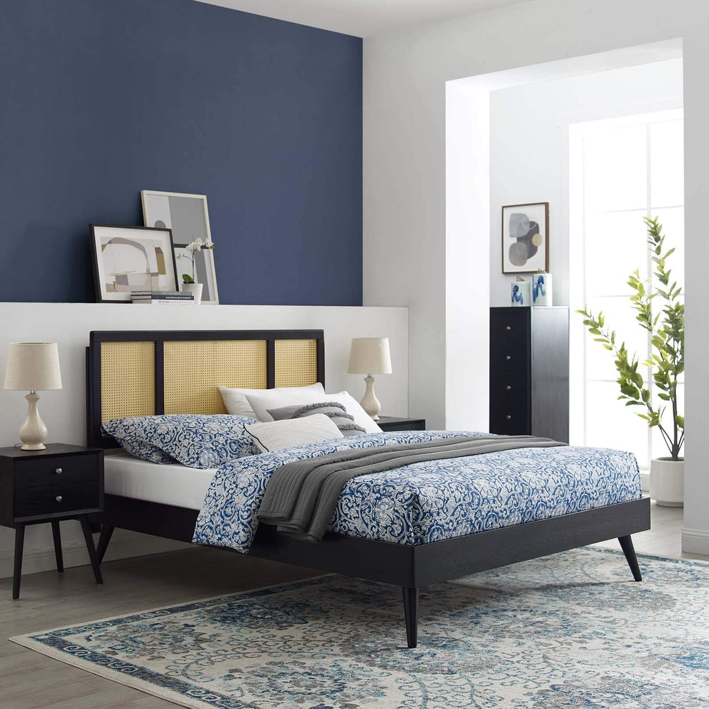 Modway Kelsea Cane And Wood King Platform Bed With Splayed Legs In Black