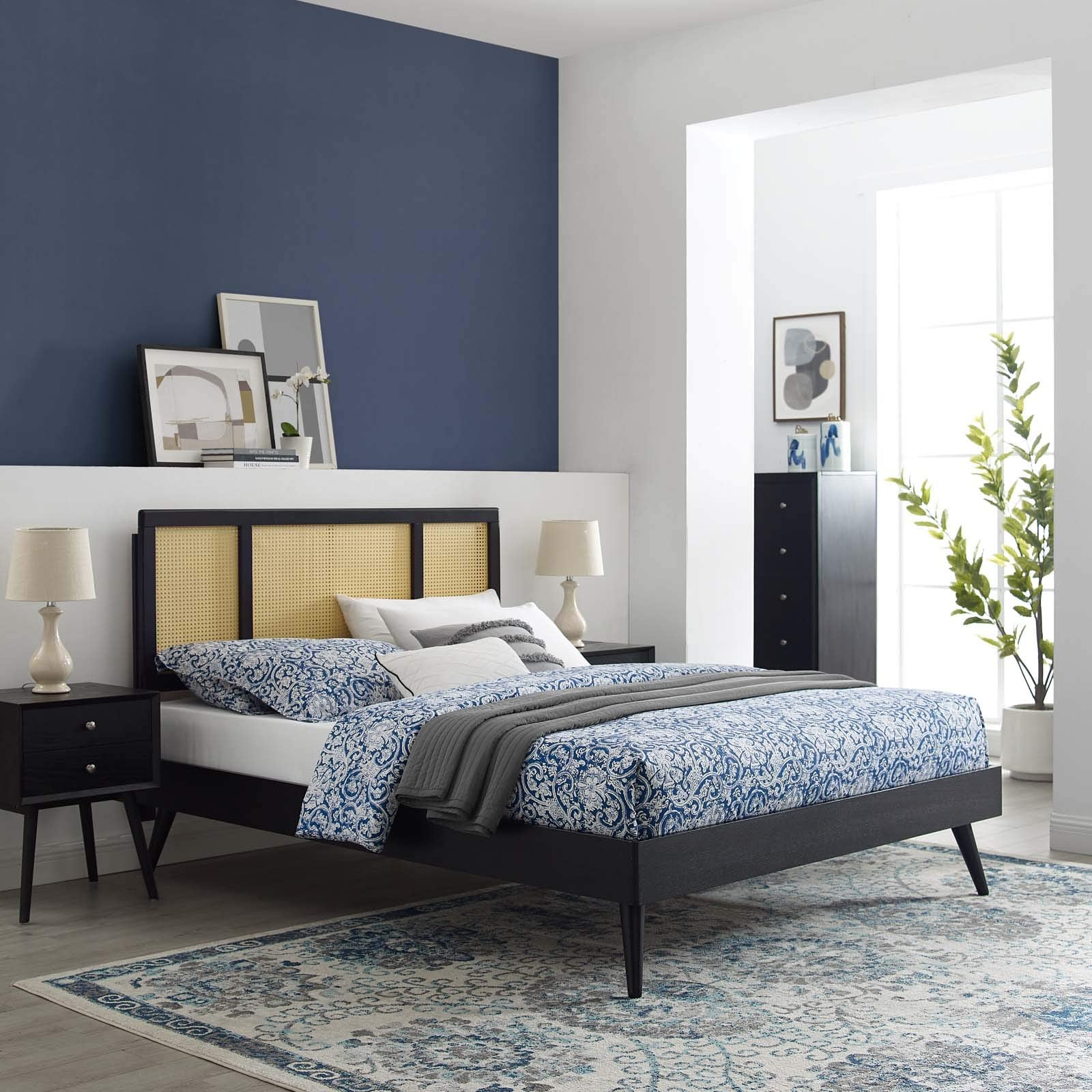 Modway Kelsea Cane And Wood King Platform Bed With Splayed Legs In Black