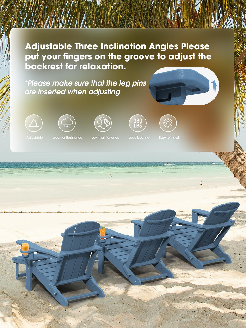 Kingyes Folding Adjustable Adirondack Chair With Retractable Ottoman Set Of 2, Hdpe Weather Resistance Outdoor Patio Chair With Cup Holders, Wood-Like Reclining Versatile Adirondack Chair, Blue