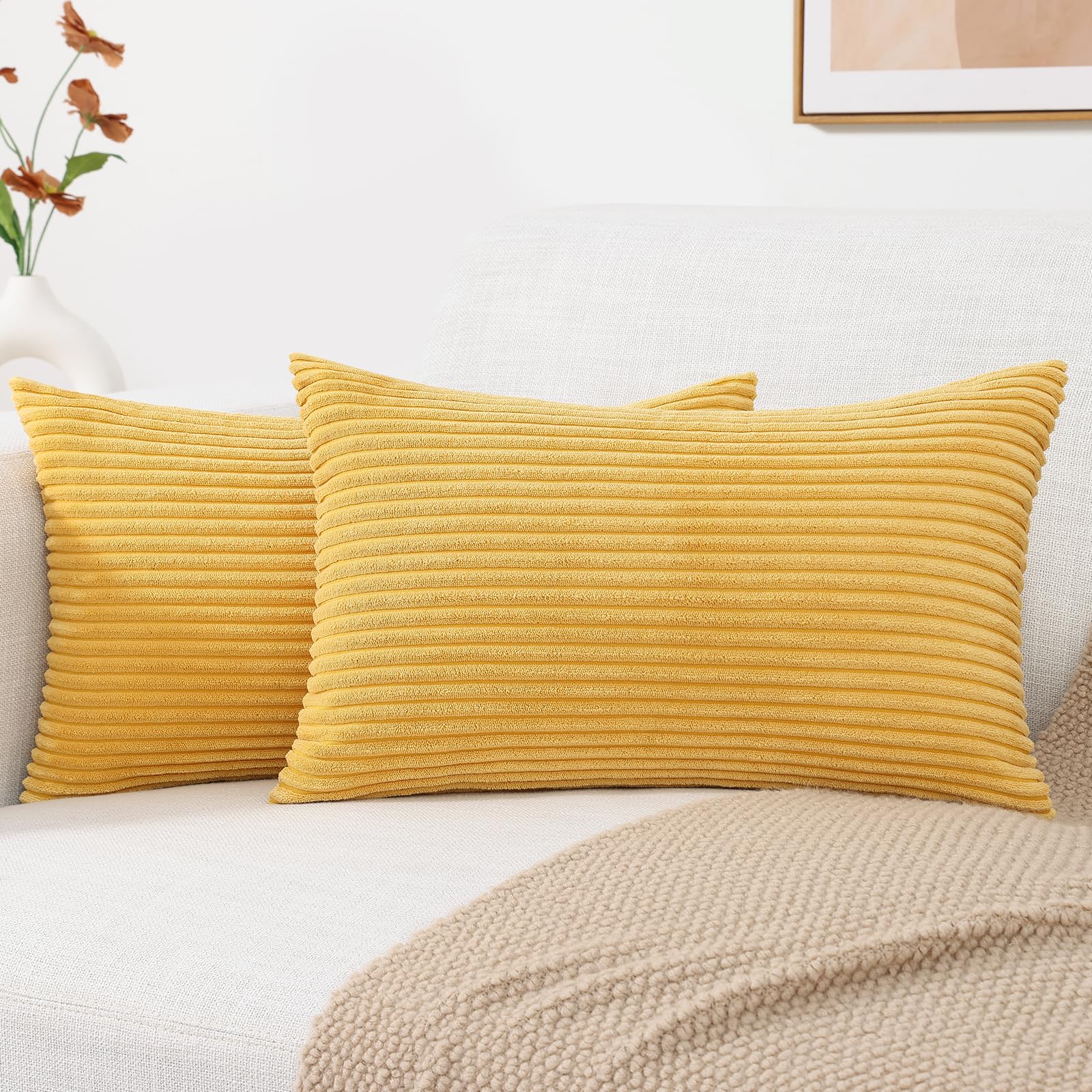 Mecatny Corduroy Fall Throw Pillow Covers 12X20 Set Of 2 - Striped Decorative Pillow Covers For Living Room, Bed - Soft Lumbar C