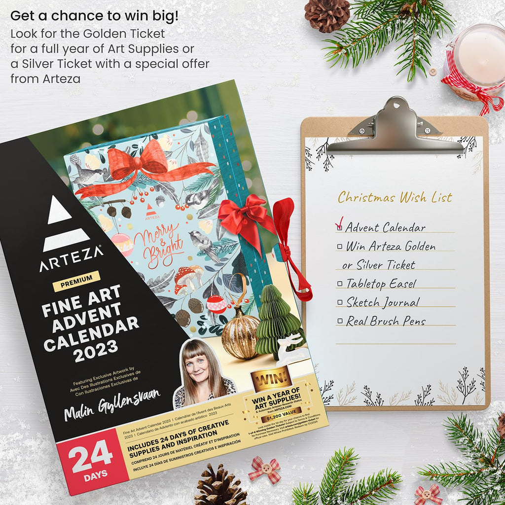 Arteza Advent Calendar 2023 (Fine Art, 24 Days) Art Supplies Holiday Gift For Adults, Includes Acrylic, Oil, Gouache Watercolor