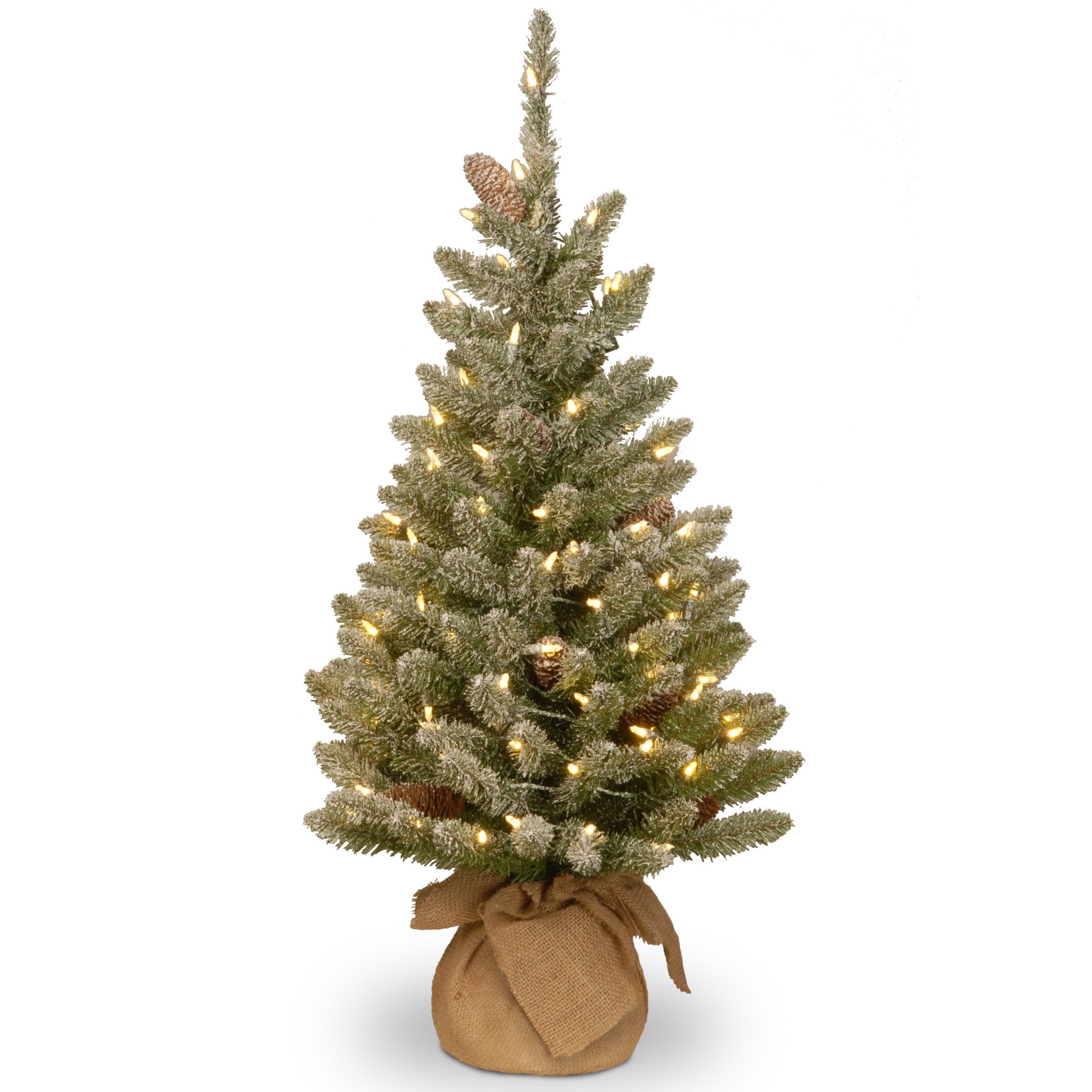 National Tree Company Pre-lit Artificial Mini Christmas Tree | Includes Small White LED Lights and Cloth Bag Base | Snowy Concol