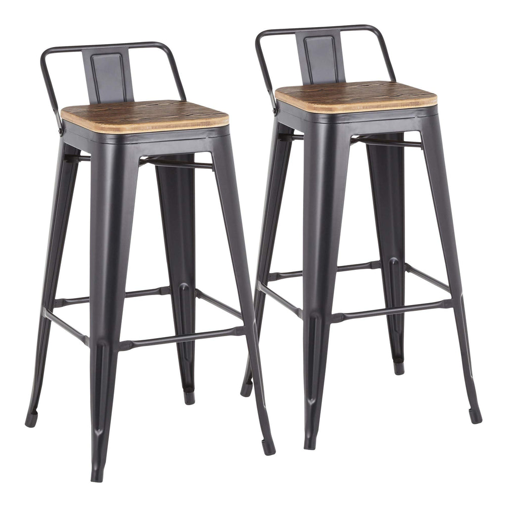 Oregon Industrial Low Back Barstool In Black Metal And Wood-Pressed Grain Bamboo By Lumisource - Set Of 2