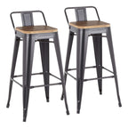 Oregon Industrial Low Back Barstool In Black Metal And Wood-Pressed Grain Bamboo By Lumisource - Set Of 2