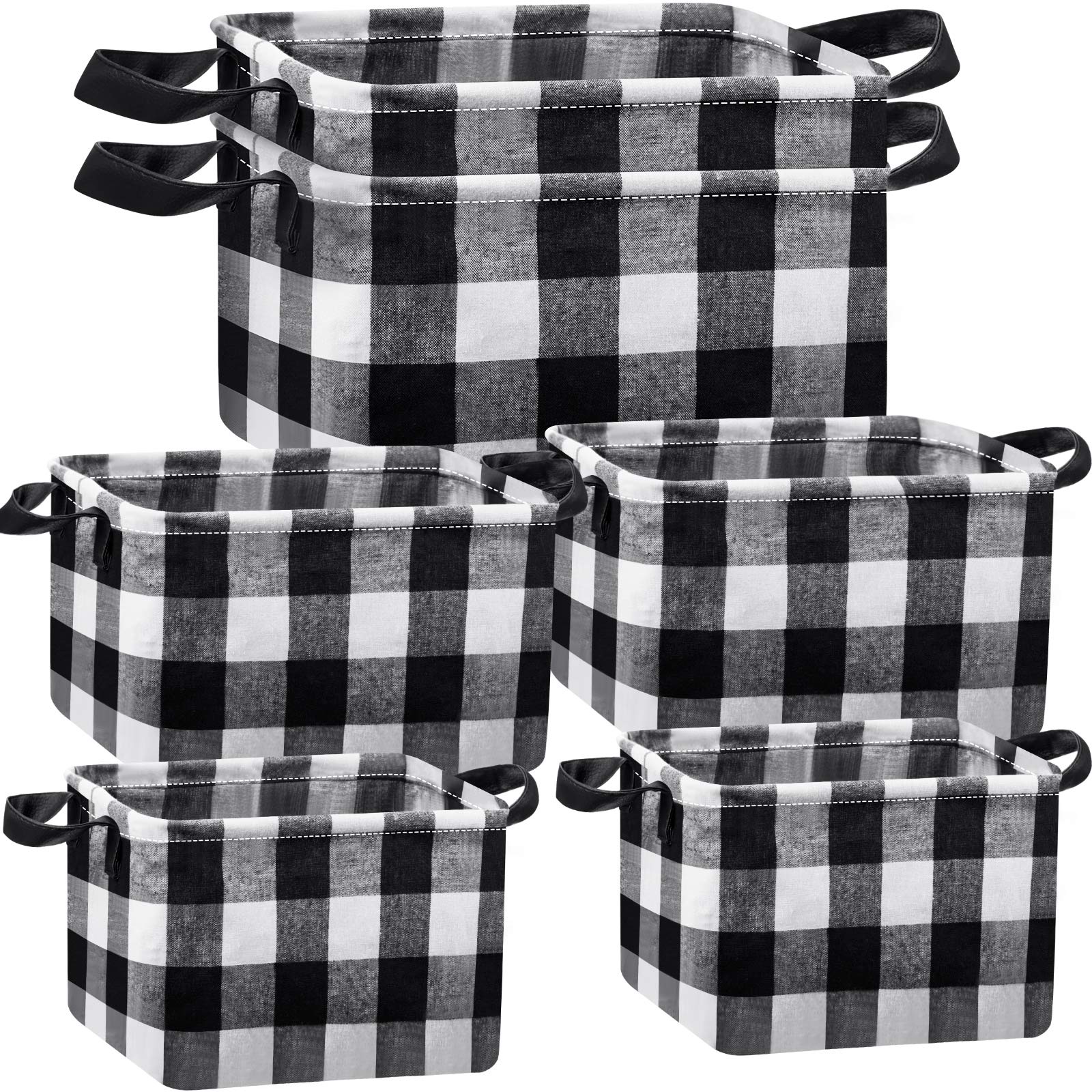 Boao 6 Pcs Buffalo Plaid Basket Square Storage Basket Buffalo Check Basket Bin Solid Storage Organizer with Handles Collapsible 