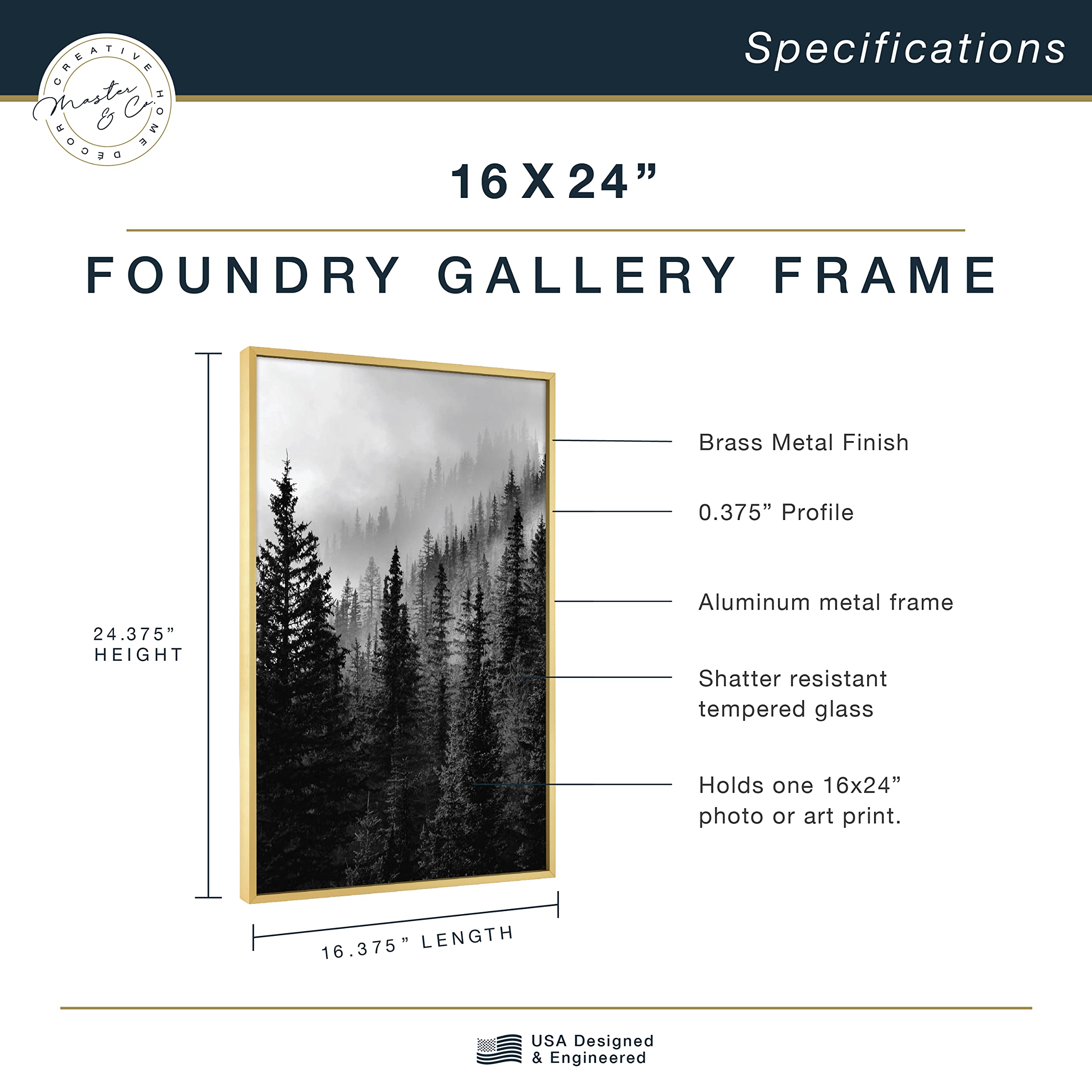 Mcs Master & Co. Foundry Metal Gallery Wall Frame, Brass, 16 X 24 In Without Mat