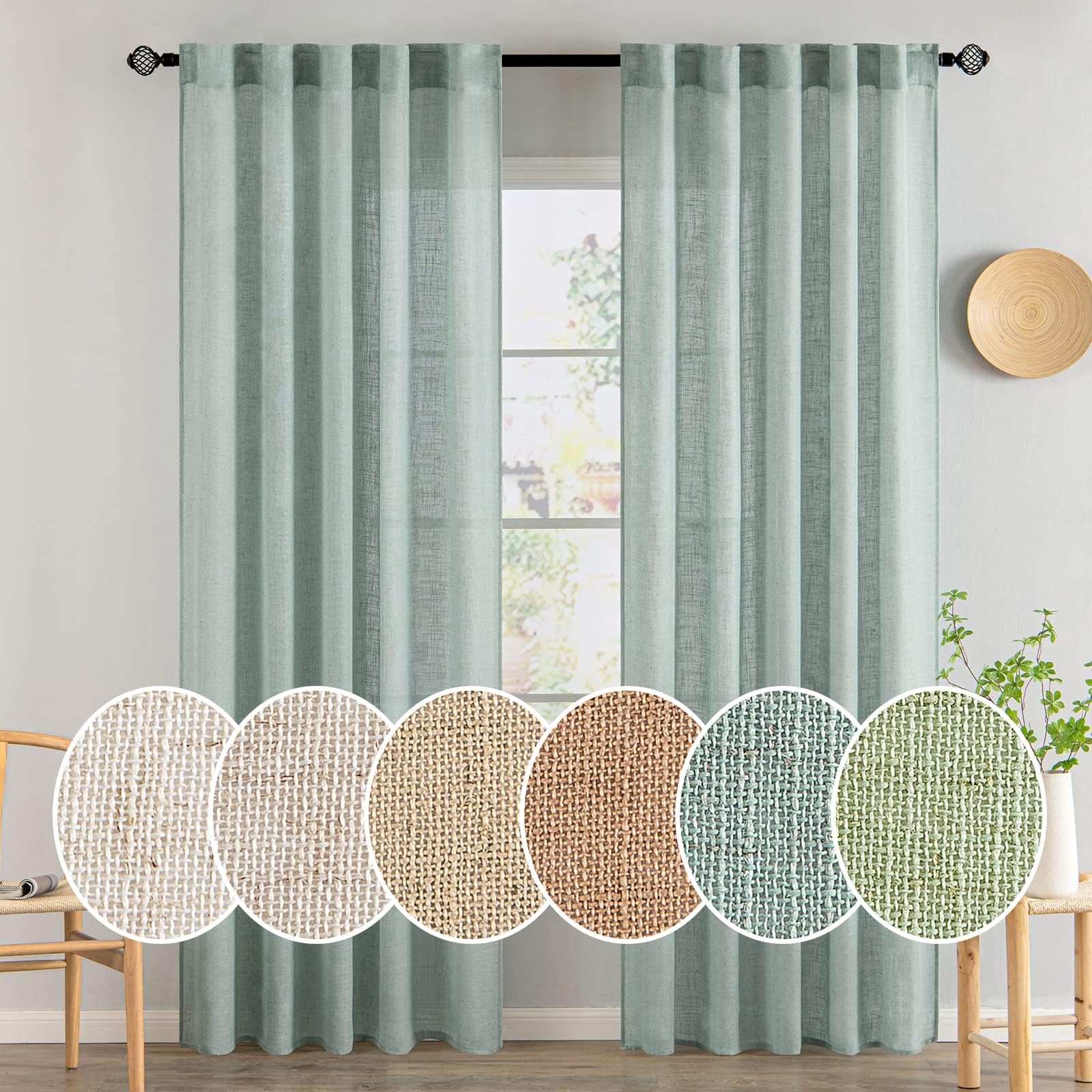 Miulee Dusty Blue Linen Curtains 84 Inch Length 2 Panels For Bedroom Living Room, Soft Thick Linen Textured Window Drapes Semi Sheer Light Filtering Back Tab Rod Pocket Burlap Look, 37X84 Inches