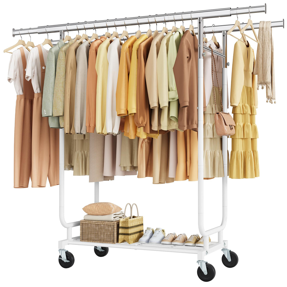 Heavy Duty Rolling Clothes Rack, 620 LBS Load Double Rod Adjustable Garment Rack with Storage Shelf, Portable Clothing Rack for 