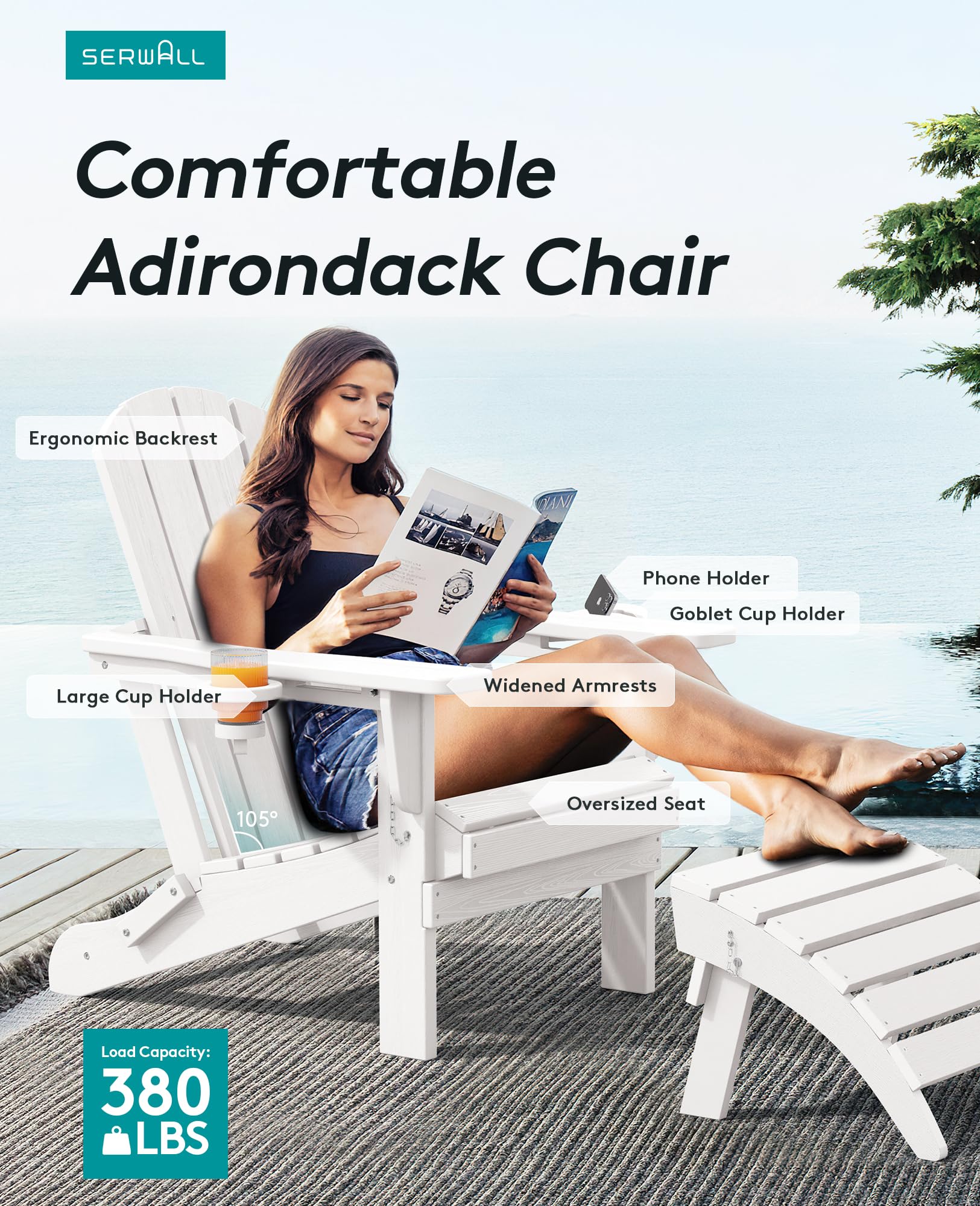 Serwall Adirondack Chair With Cup Holders - Composite Adirondack Chairs Hdpe Outdoor Chairs All Weather Use- White