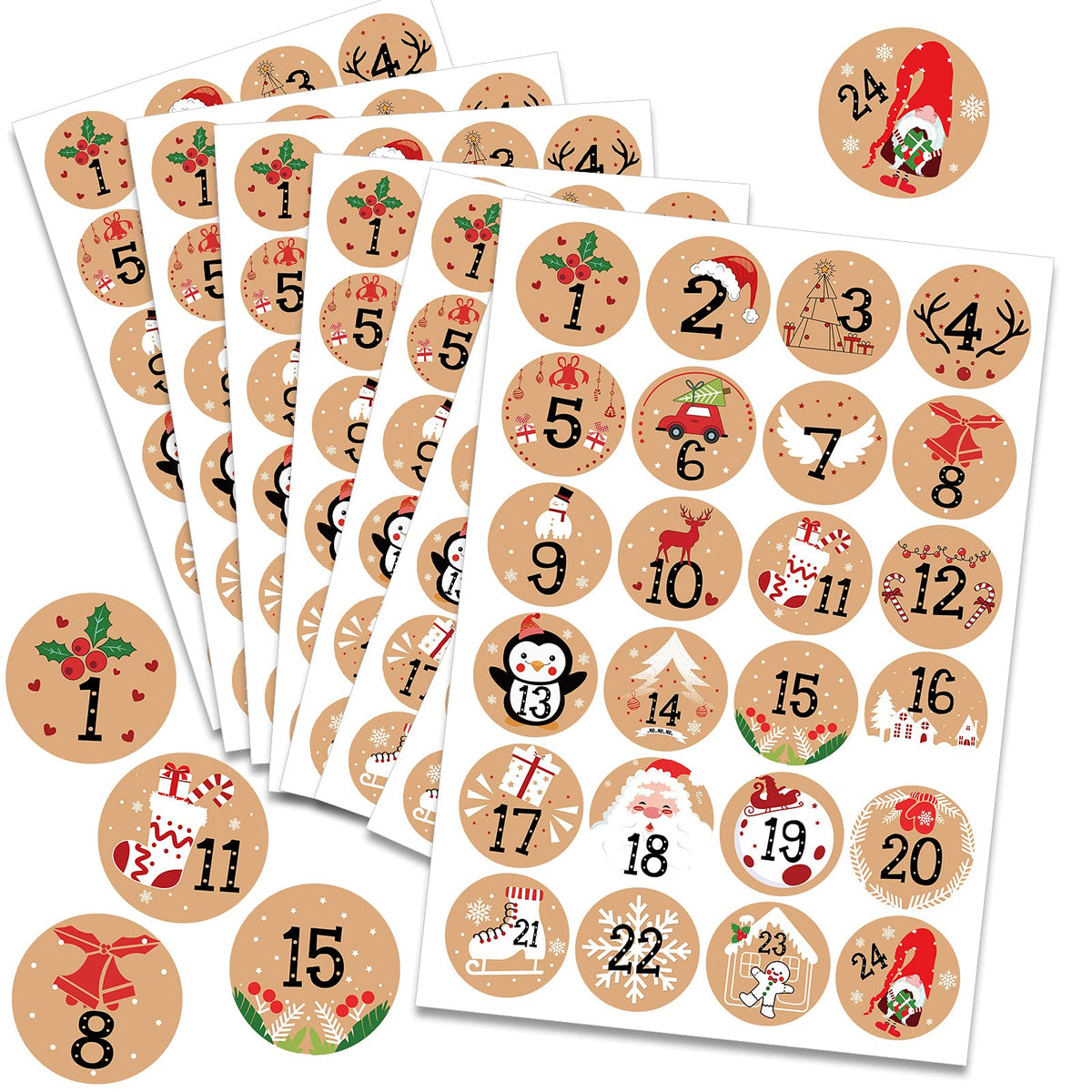 HOWAF 192pcs Christmas Advent Stickers 1-24 Christmas Number Stickers Round Kraft Christmas Countdown Stickers DIY Advent Calend