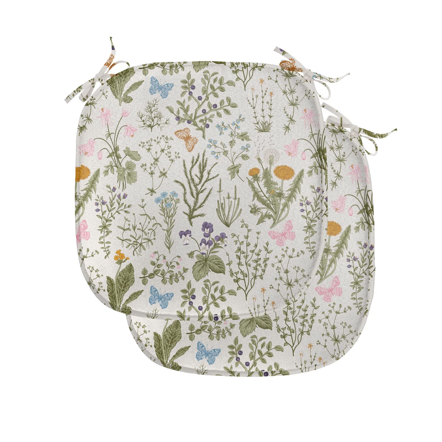 Ambesonne Floral Chair Seating Cushion Set Of 2, Vintage Garden Plants Herbs Flowers Botanical Classic Design Art, Anti-Slip Sea