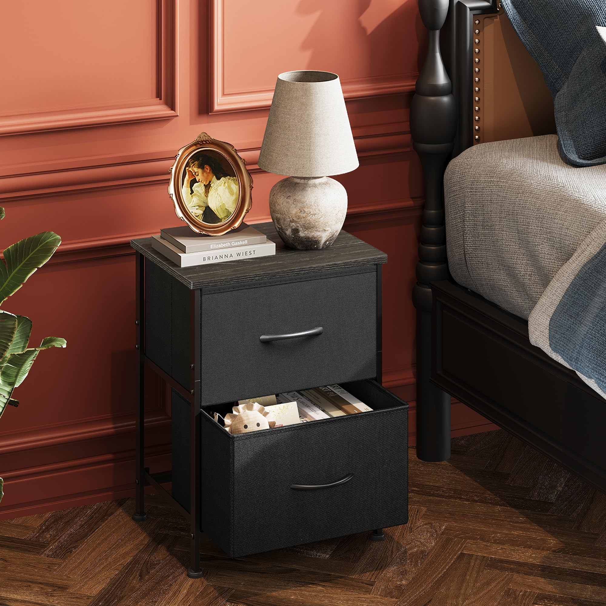 Wlive Nightstand Set Of 2, 2 Drawer Dresser For Bedroom, Small Dresser With 2 Drawers, Bedside Furniture, Night Stand, End Table With Fabric Bins For Bedroom, Closet, College Dorm, Charcoal Black