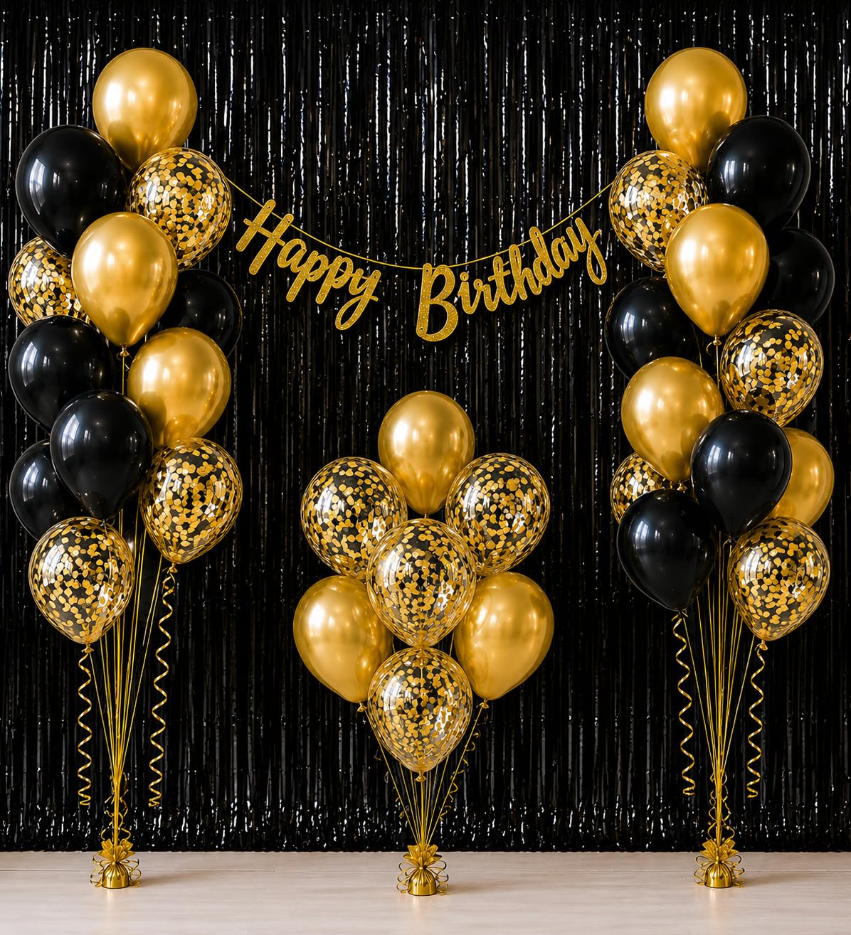 Black & Gold Happy Birthday Decoration Kit with Banner & Curtain