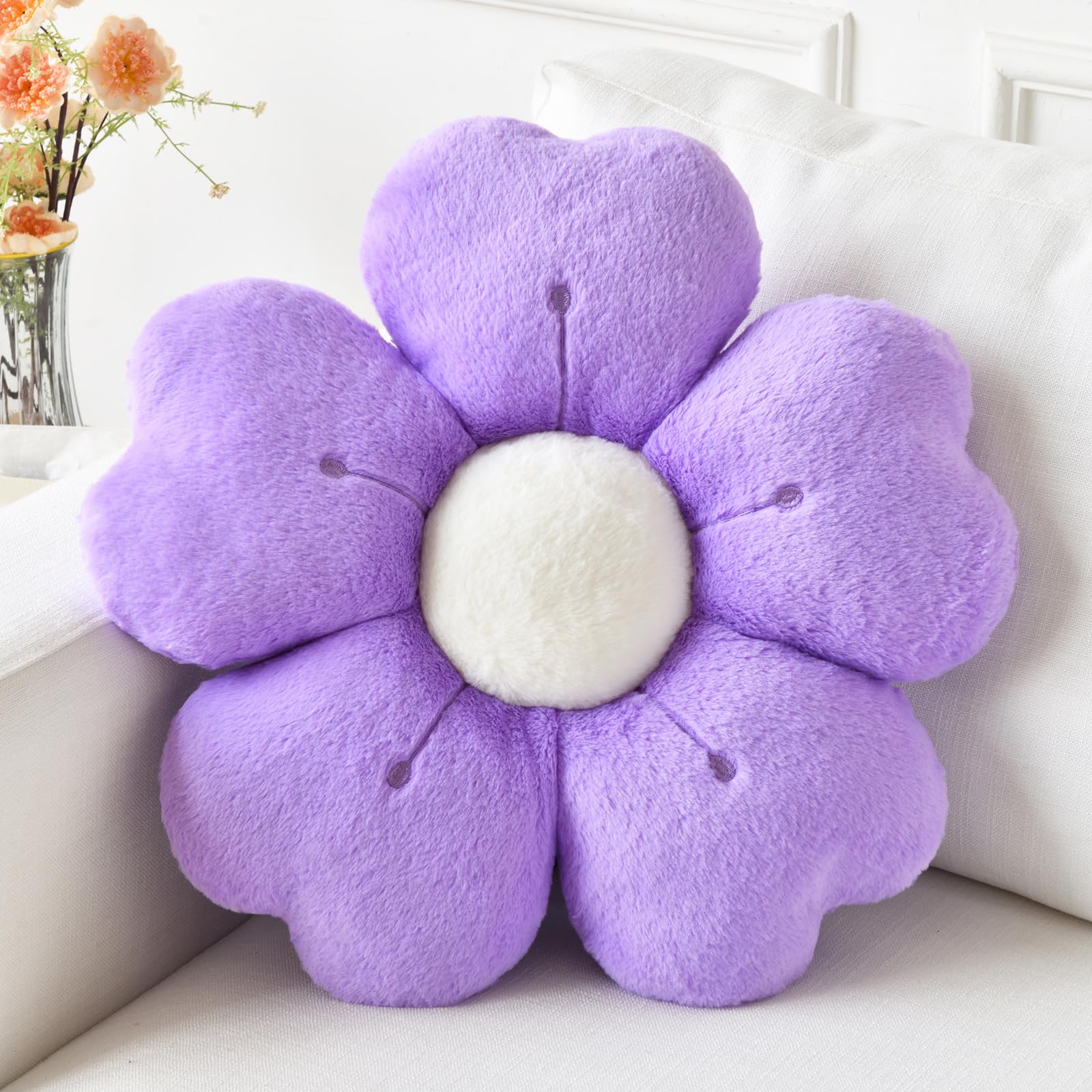 Flower Pillow, Flower Shaped Pillow Decorative Throw Pillows For Bed Couch, Cute Daisy Pillow Dorm Decor Floor Seating Cushion (Dark Purple, 19.6 Inches)