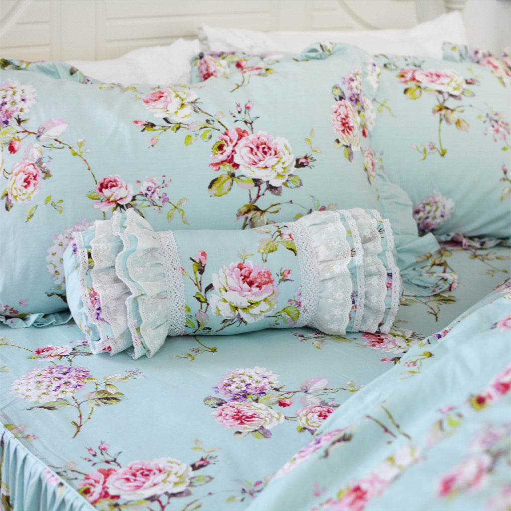 Fadfay Shabby Floarl Cotton Bedding Set Queen 4-Pieces Light Blue Hydrangea Print Duvet Cover Set With Bedskirt French Country S