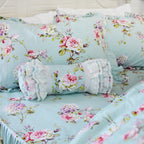 Fadfay Shabby Floarl Cotton Bedding Set Queen 4-Pieces Light Blue Hydrangea Print Duvet Cover Set With Bedskirt French Country S
