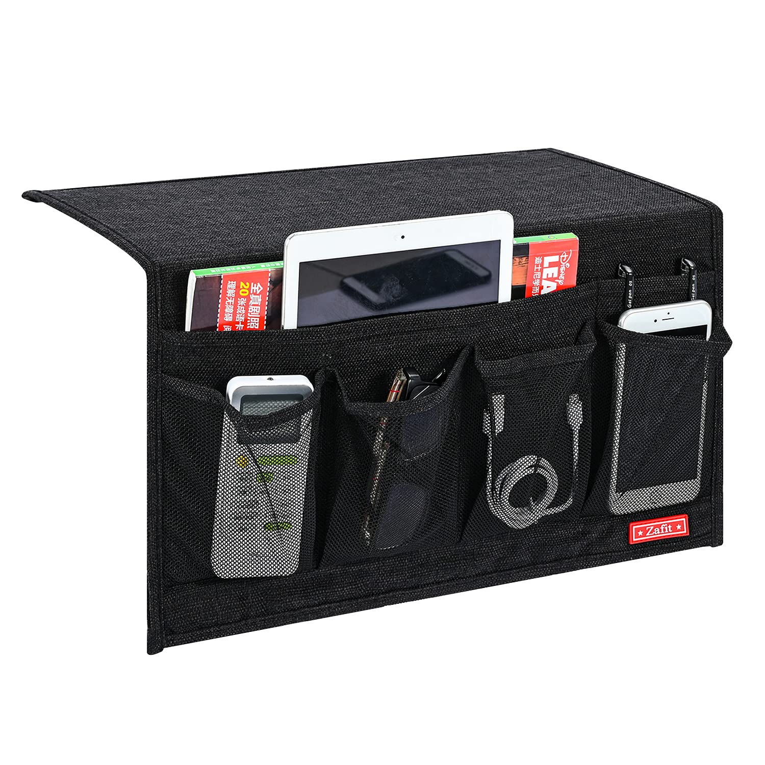 Zafit Linen 6 Pockets Bedside Caddy, Bedside Storage Organizer for Magazine, Remotes, Phone (Black)