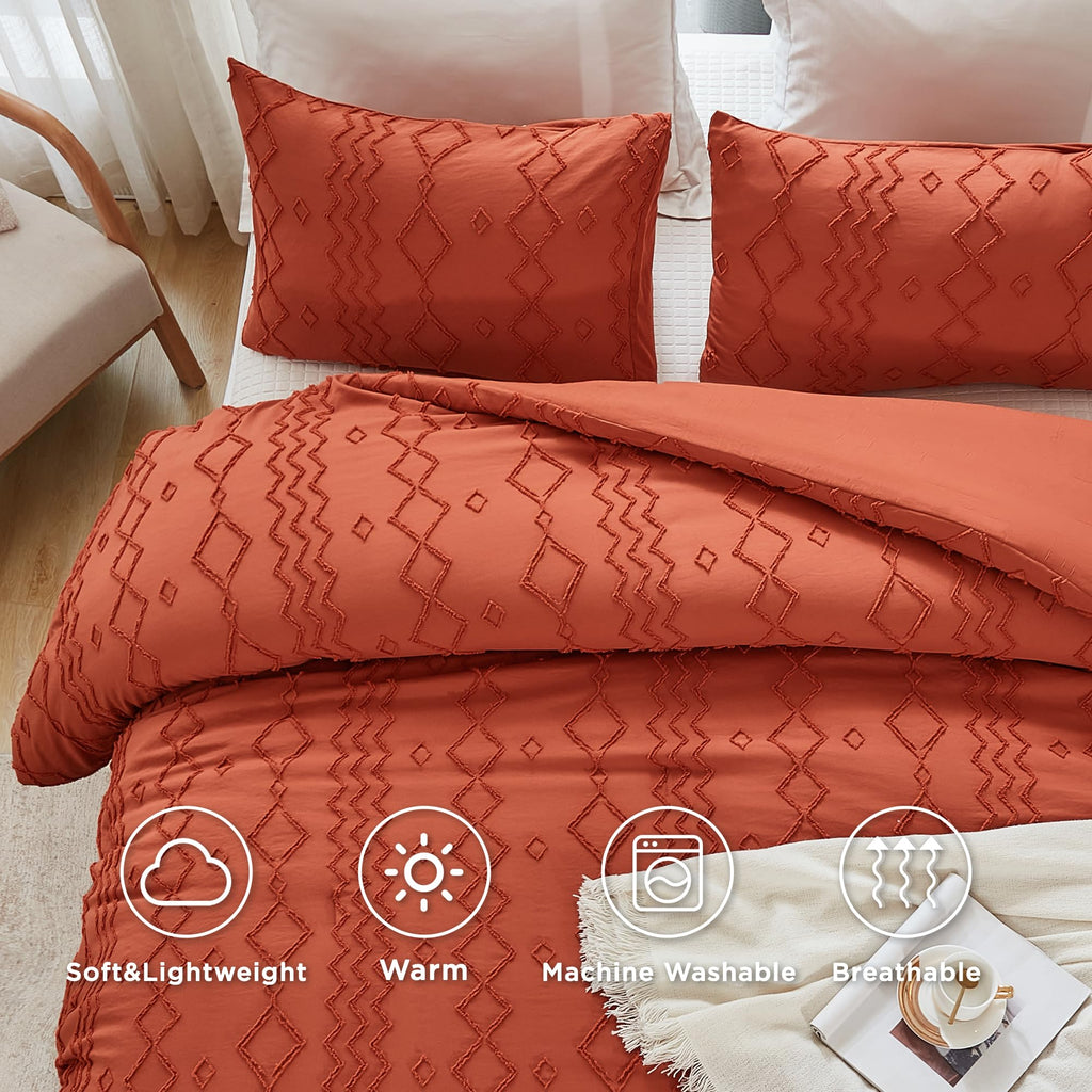 Andency Terracotta Tufted Comforter Set King(104X90Inch), 3 Pieces(1 Boho Comforter, 2 Pillowcases) Textured Farmhouse Comforter, Soft Microfiber Down Alternative Geometric Comforter Bedding Set