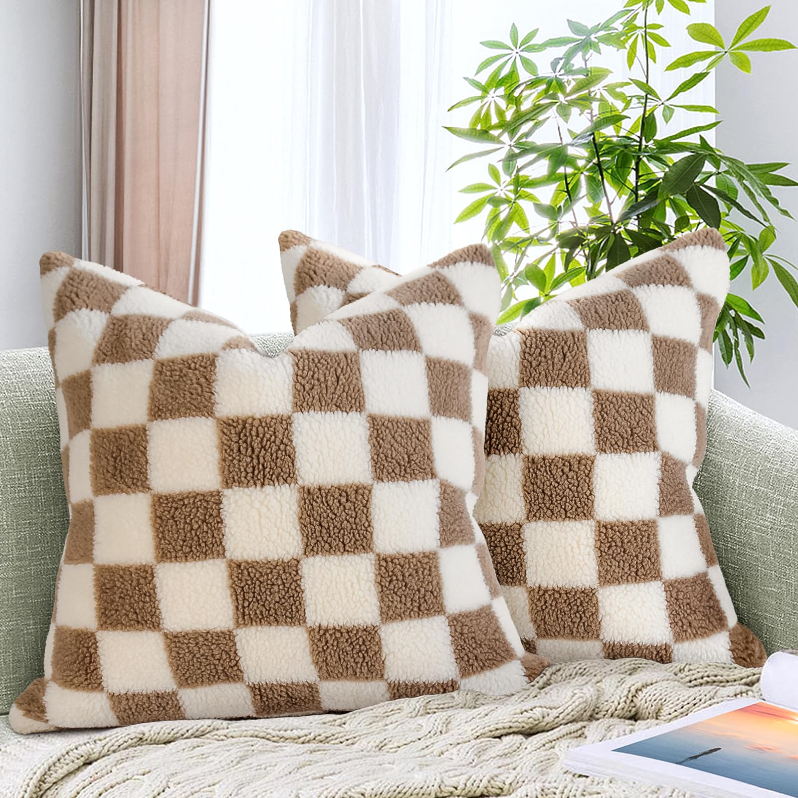 Amhoo Pack Of 2 Decorative Throw Pillow Covers Checkerboard Luxury Super Soft Faux Fur Wool Set Case Cushion For Couch Sofa Bedr