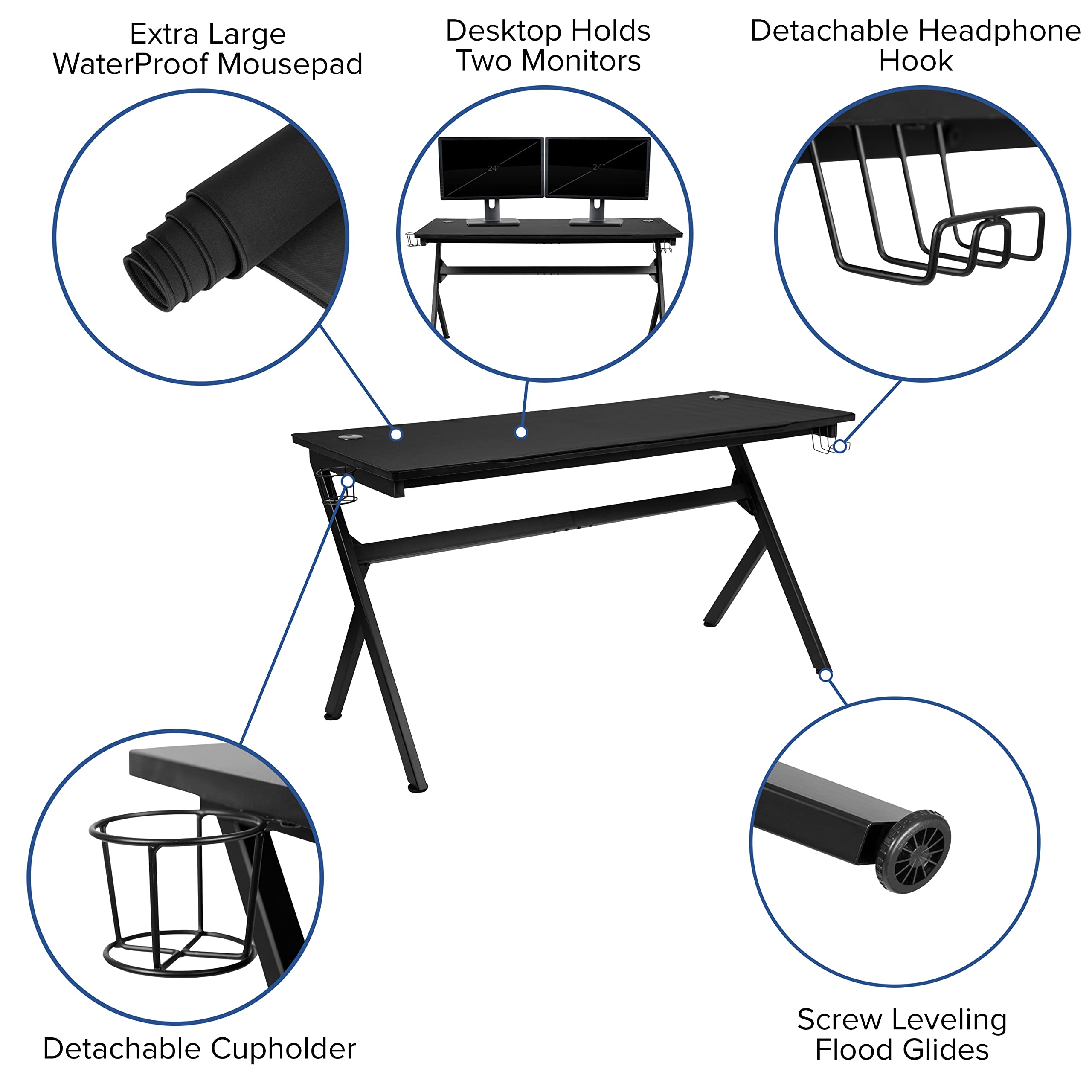 Flash Furniture Gaming Desk And Blue/Black Reclining Gaming Chair Set /Cup Holder/Headphone Hook/Removable Mouse Pad Top - Wire Management
