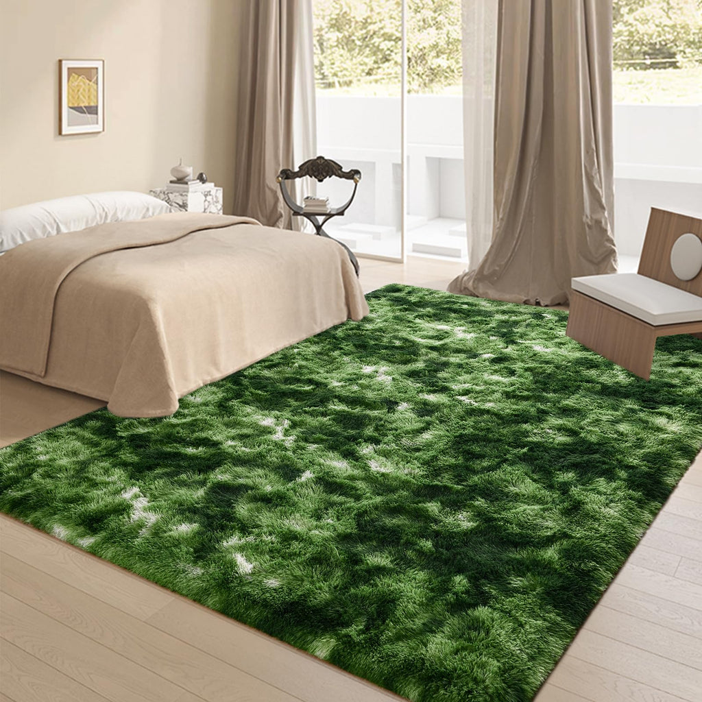 Falark Large Soft Area Rugs For Bedroom Living Room, 6X9 Ft Dark Green Tie-Dyed Fluffy Rug Carpets For Girls Kids Room, Shaggy F