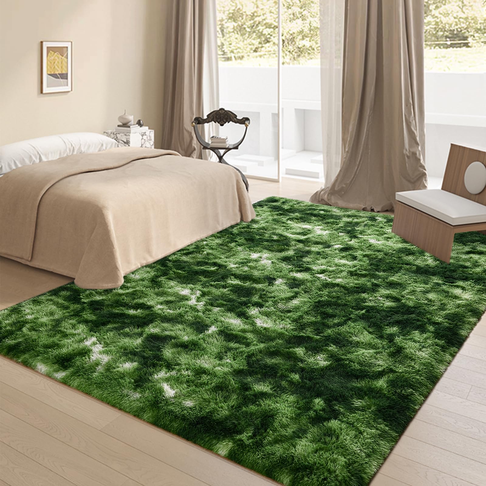 Falark Large Soft Area Rugs For Bedroom Living Room, 6X9 Ft Dark Green Tie-Dyed Fluffy Rug Carpets For Girls Kids Room, Shaggy F