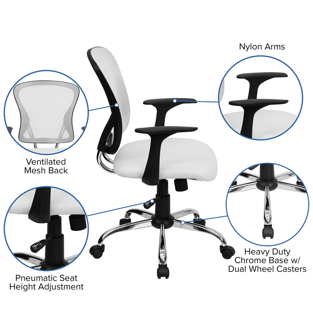 Flash Furniture Alfred Mid-Back White Mesh Swivel Task Office Chair with Chrome Base and Arms