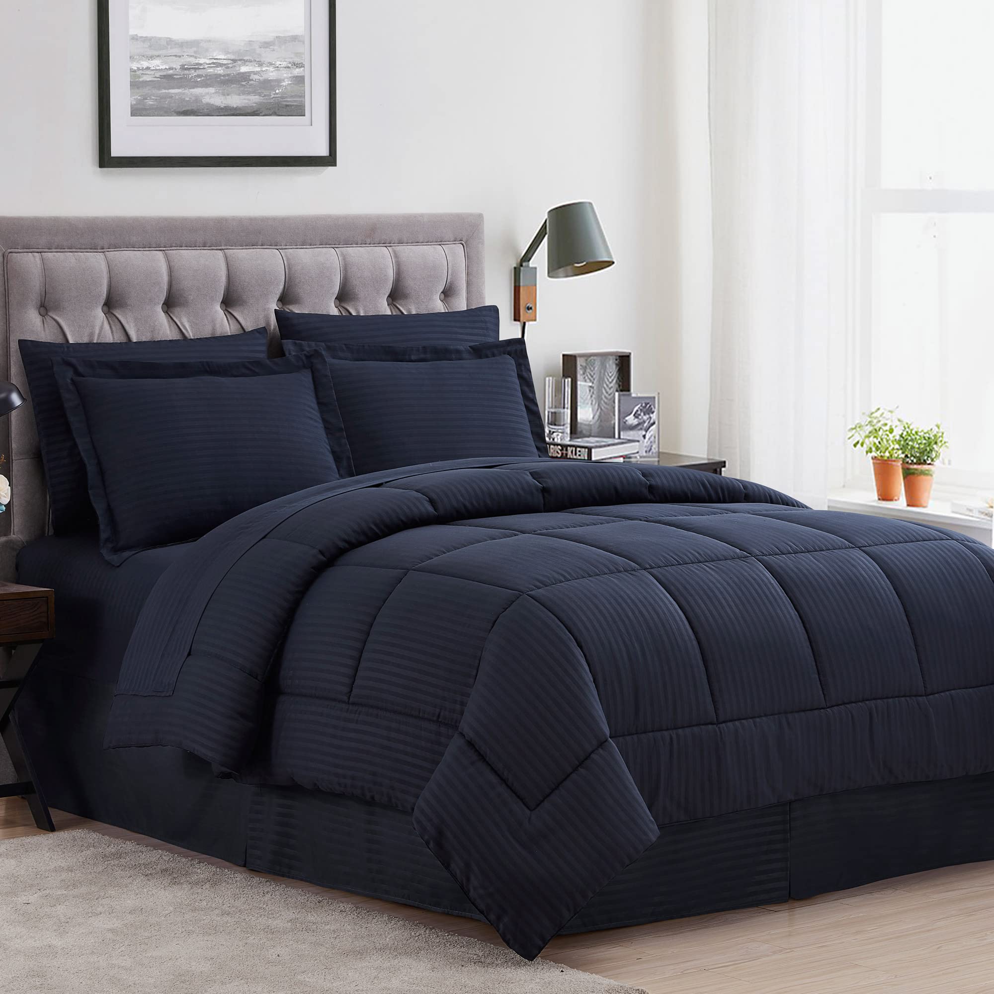Queen Comforter Set 8 Piece Bed In A Bag With Bed Skirt, Fitted Sheet, Flat Sheet, 2 Pillowcases, 2 Pillow Shams, Queen, Dobby N
