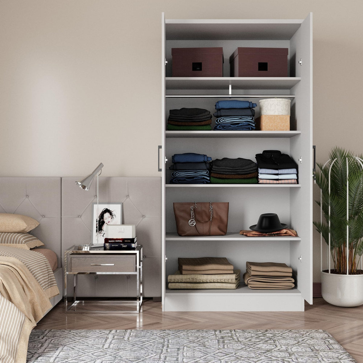 Woodpeckers Furniture And Mattress 2 Doors Wardrobe with Shelves (White)