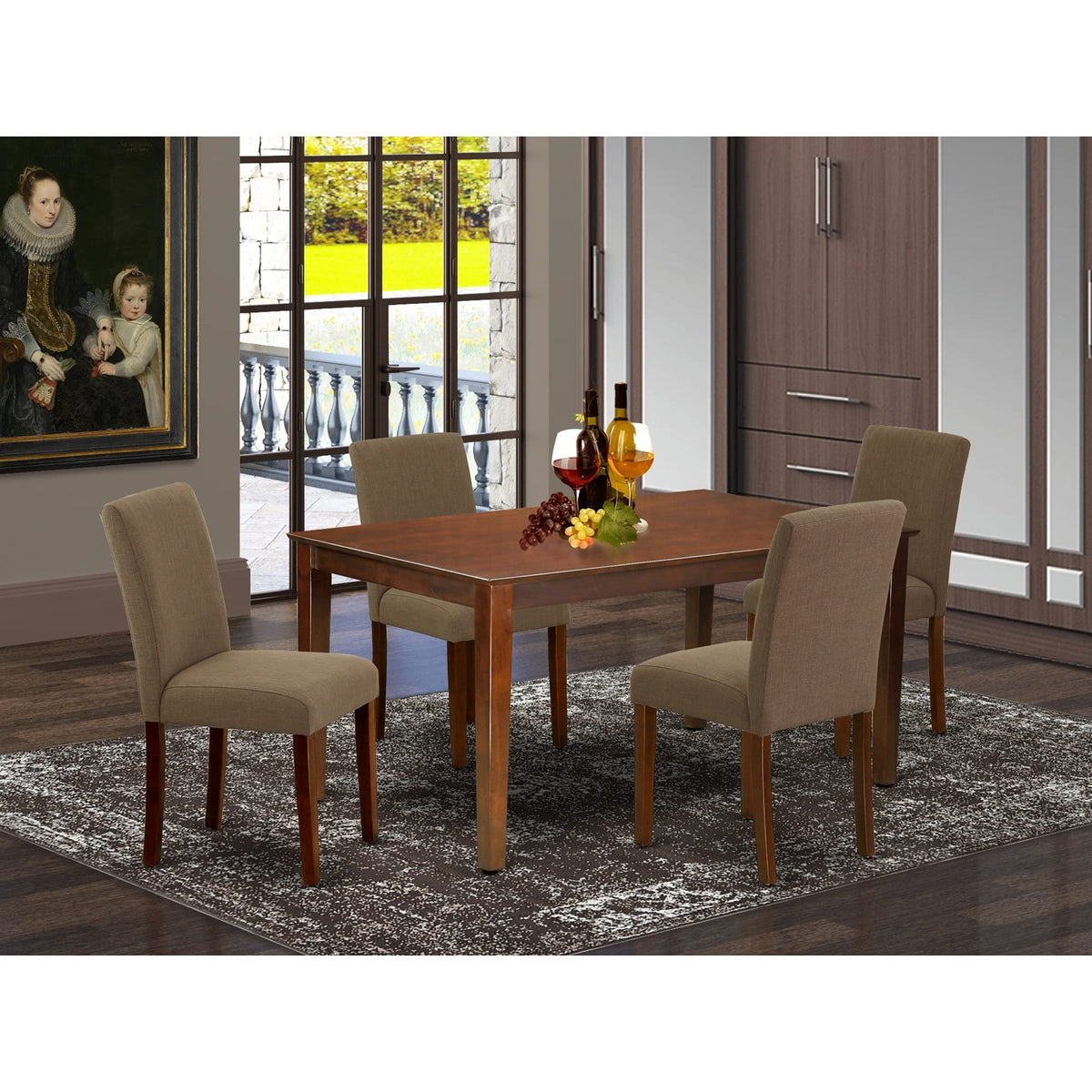 East West Furniture Capri 5 Piece Modern Dining Set Includes A Rectangle Wooden Table And 4 Coffee Linen Fabric Upholstered Parson Chairs, 36X60 Inch, Mahogany