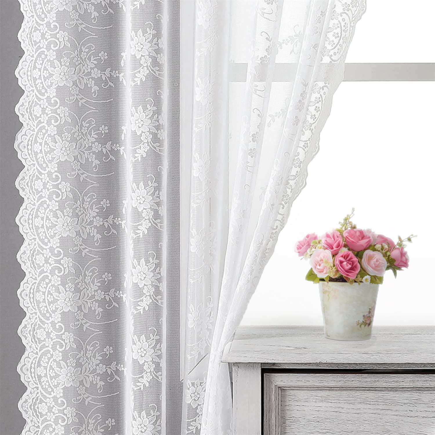Kotile Lace Curtains For Living Room - White Lace Curtains 96 Inches Long, Vintage Lace Curtains Rustic Scalloped Branch Floral