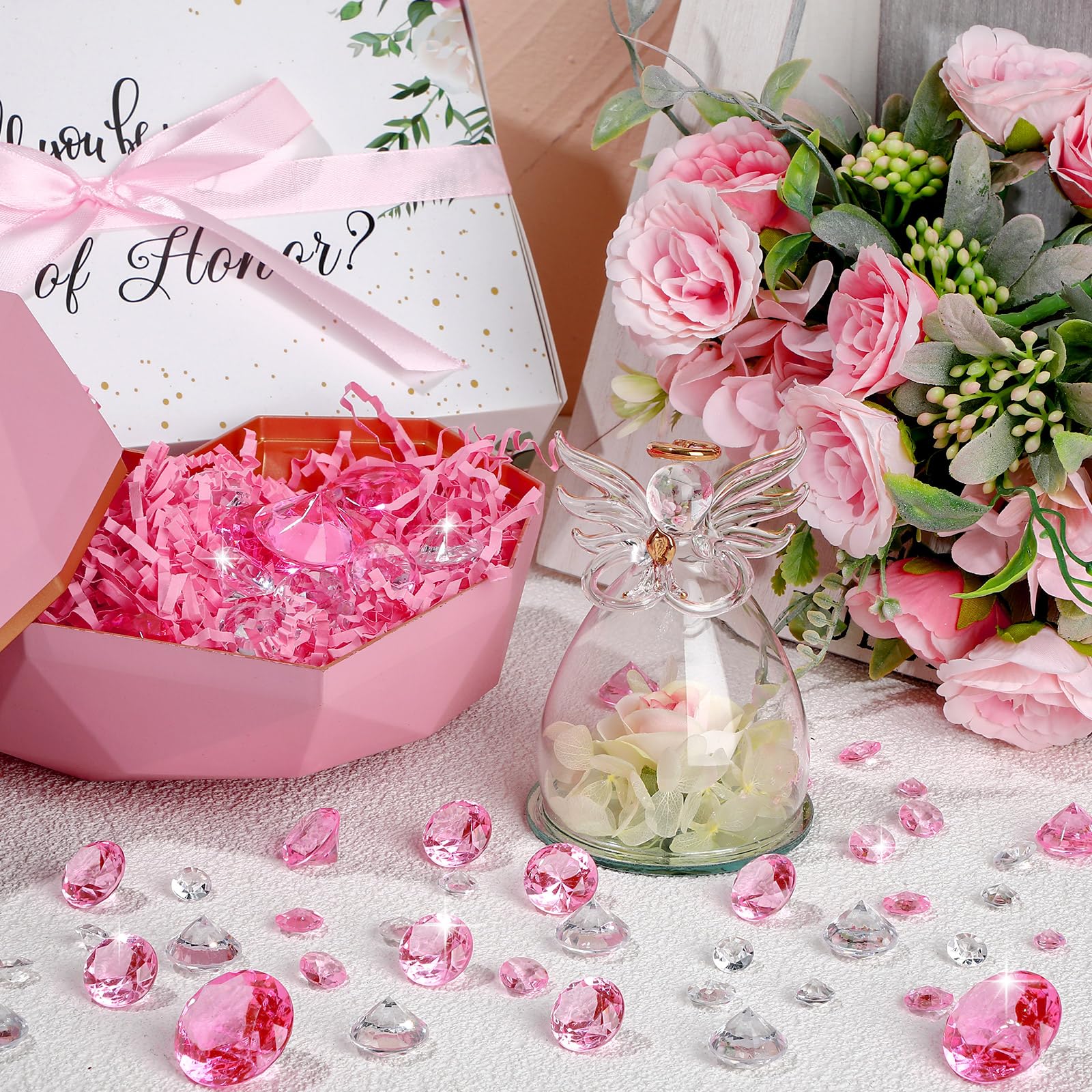 Hicarer Acrylic Diamond Table Scatter Crystals Pink Multi-Size 800 Pieces for Vase Fillers and Party Decorations