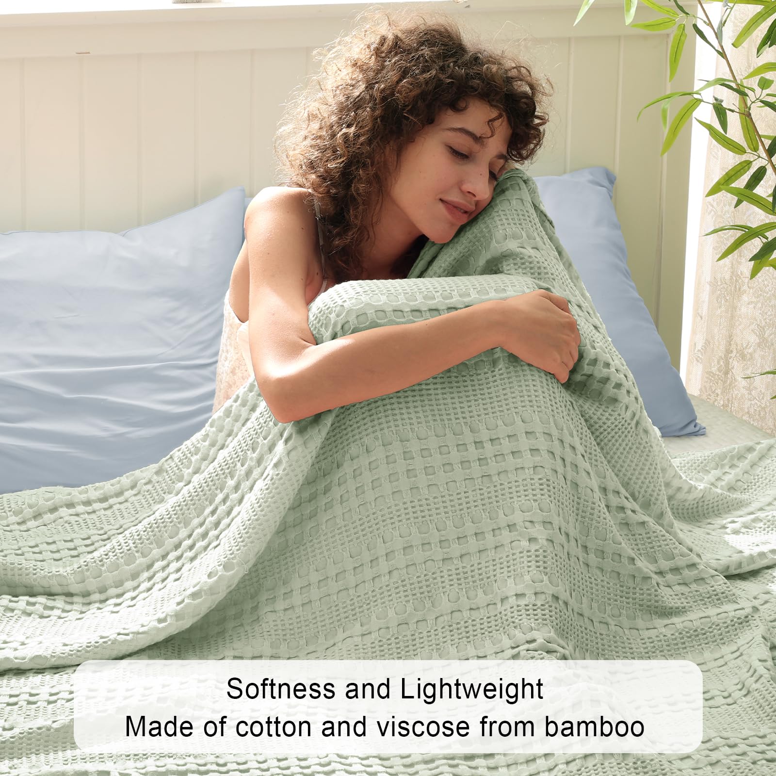 Phf Cooling Waffle Blanket Queen Size, Lightweight 60% Rayon Derived From Bamboo & 40% Cotton Breathable Blanket For Hot Sleepers, Soft And Luxury For Bed Couch And Sofa, 90'X90', Mint