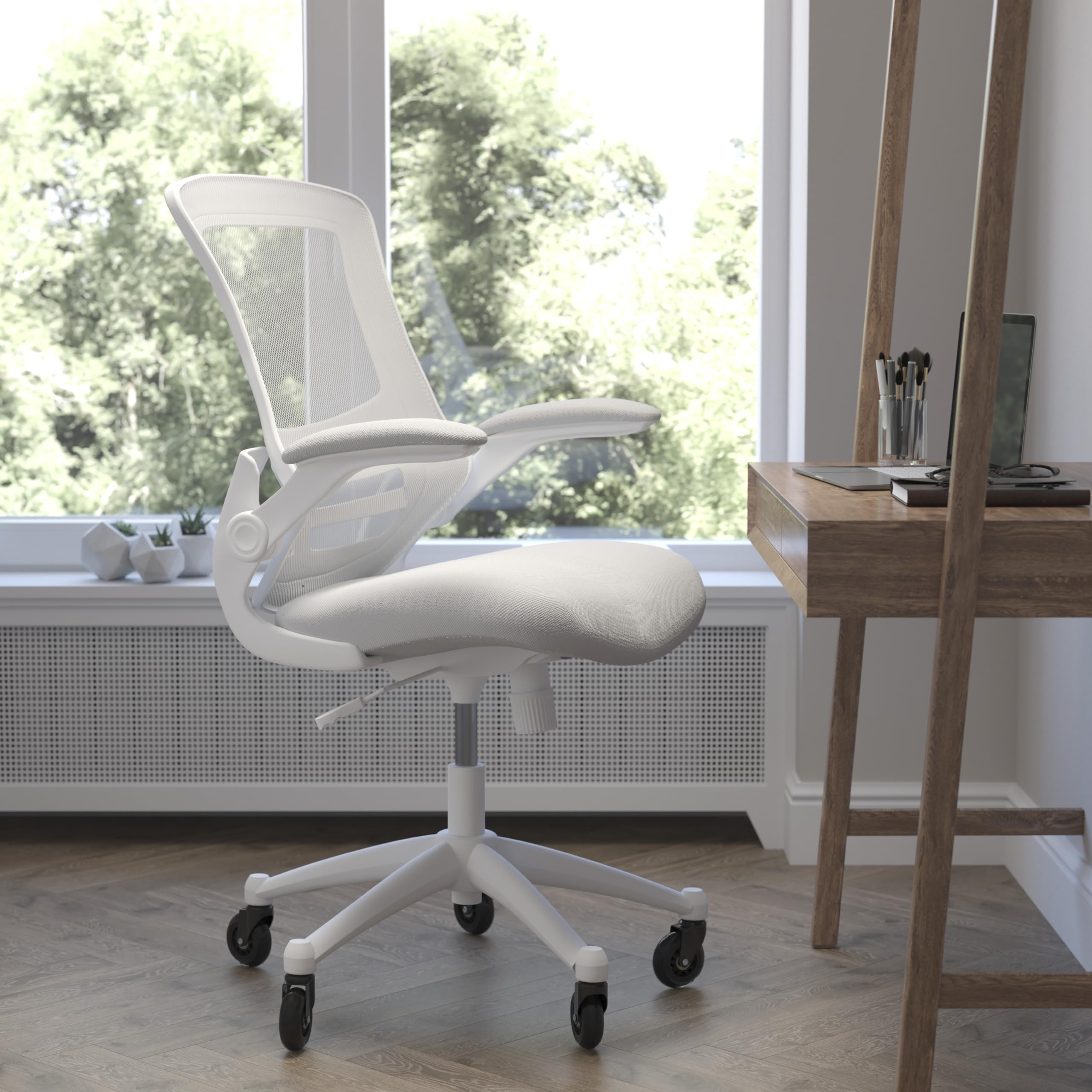 Flash Furniture Kelista Mid-Back Light Gray Mesh Swivel Ergonomic Task Office Chair With White Frame, Flip-Up Arms, And Transparent Roller Wheels
