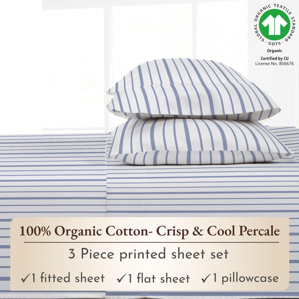 California Design Den Blue Stripe Twin Sheet Set, 100% Organic Cotton Percale Sheets, Deep Pocket Twin Sheets & Pillowcase Set - Blue Stripe