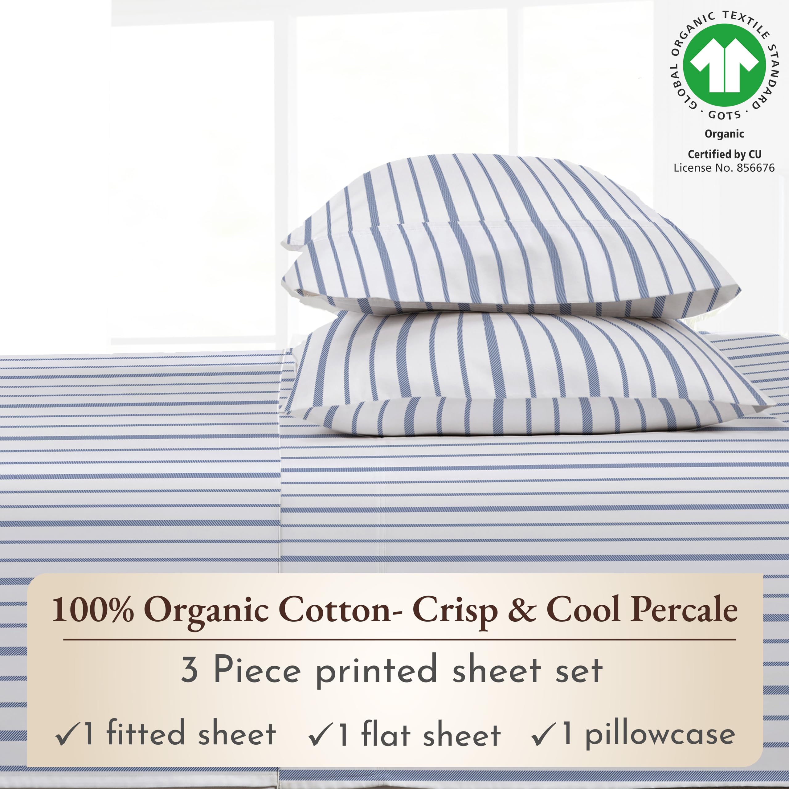 California Design Den Blue Stripe Twin Sheet Set, 100% Organic Cotton Percale Sheets, Deep Pocket Twin Sheets & Pillowcase Set - Blue Stripe